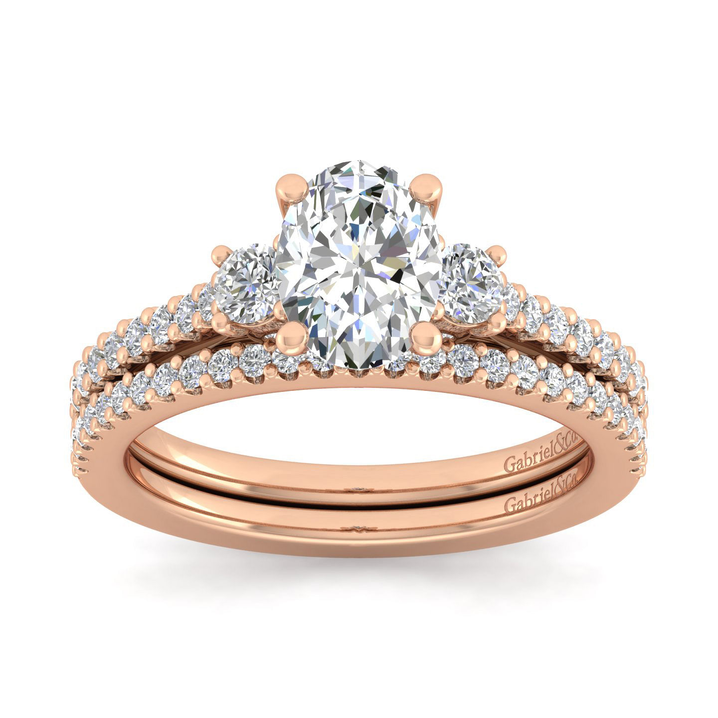 14K Rose Gold Oval Three Stone Diamond Engagement Ring