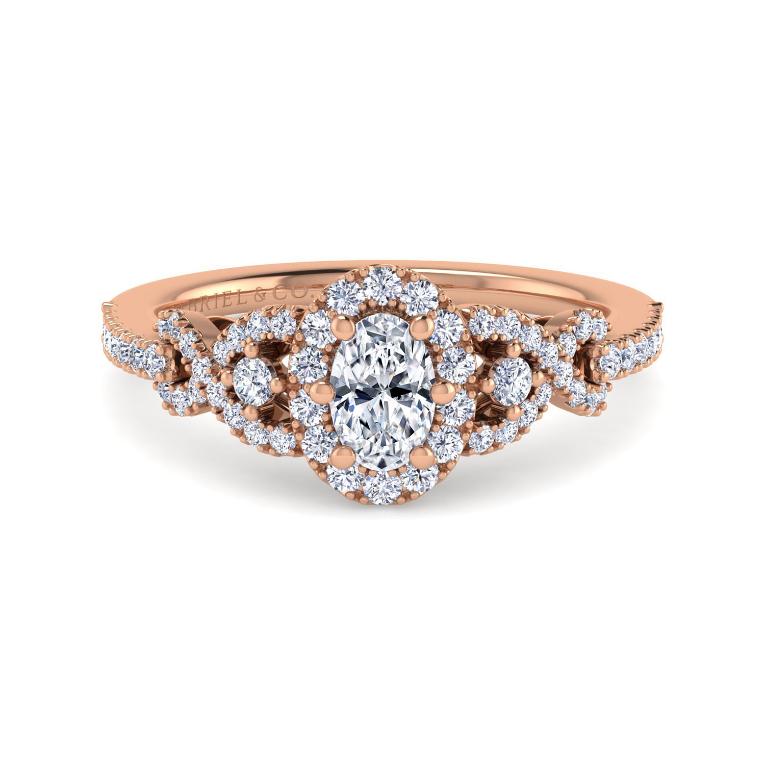 14K Rose Gold Oval Three Stone Halo Diamond Engagement Ring