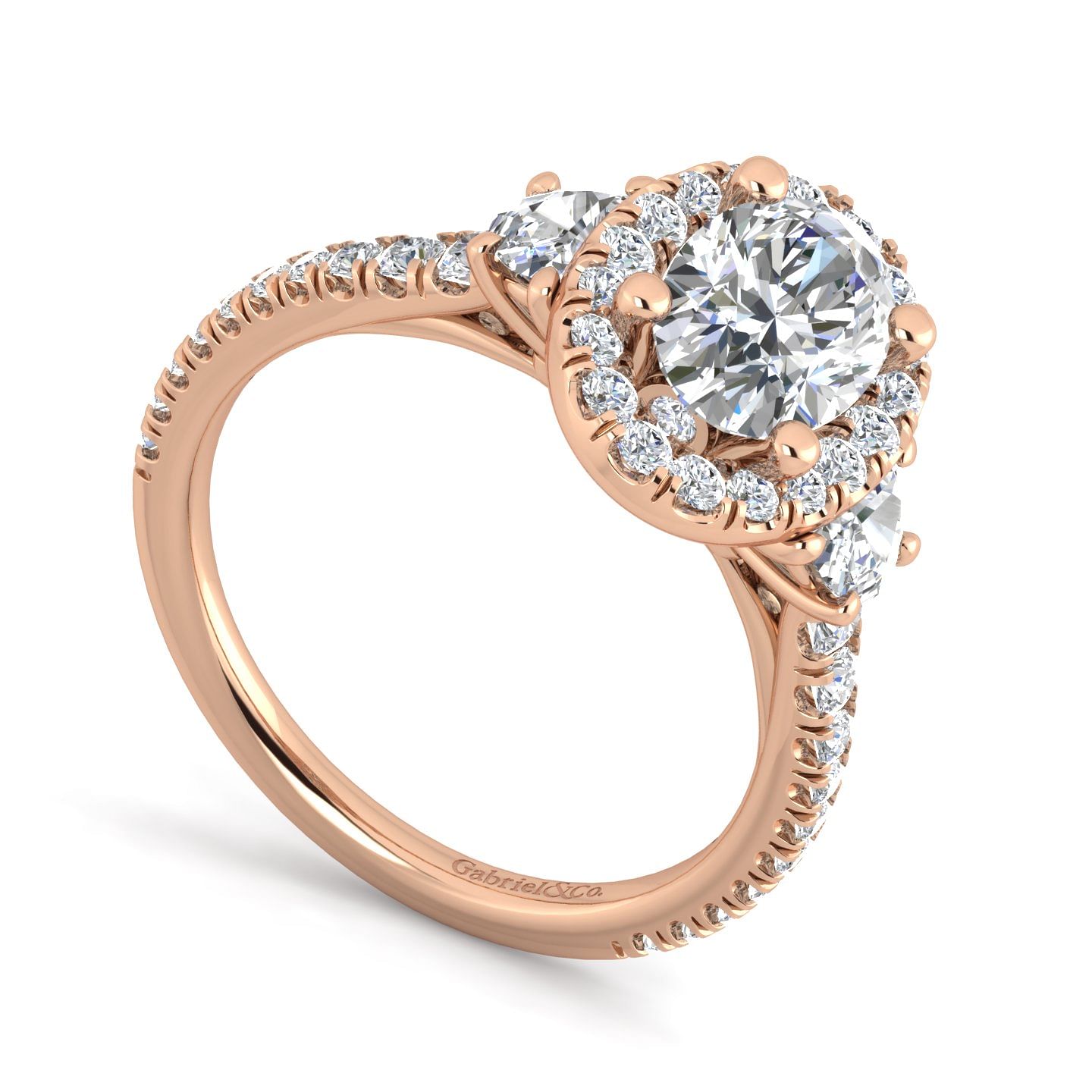 14K Rose Gold Oval Three Stone Halo Diamond Engagement Ring