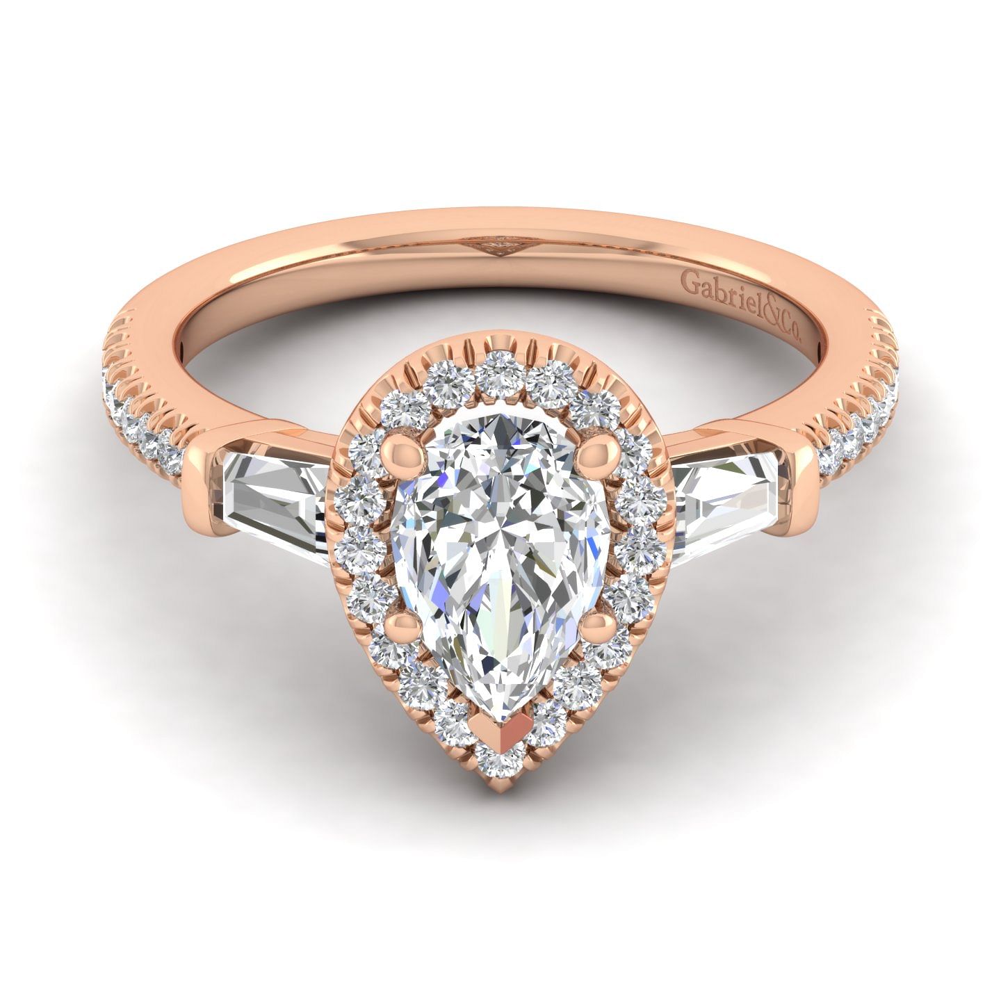 14K Rose Gold Pear Shape Three Stone Halo Diamond Engagement Ring
