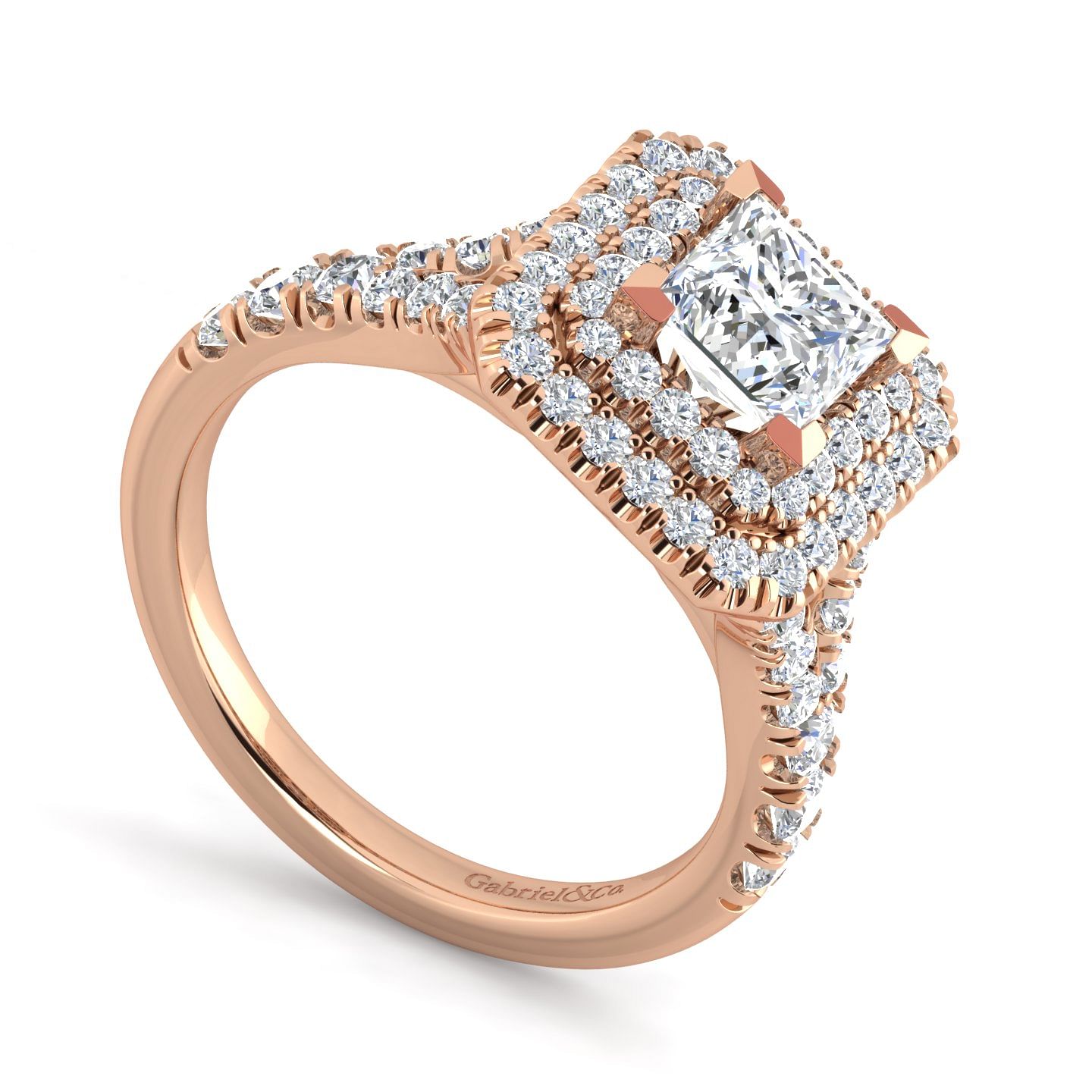 14K Rose Gold Princess Cut Double Halo Diamond Engagement Ring