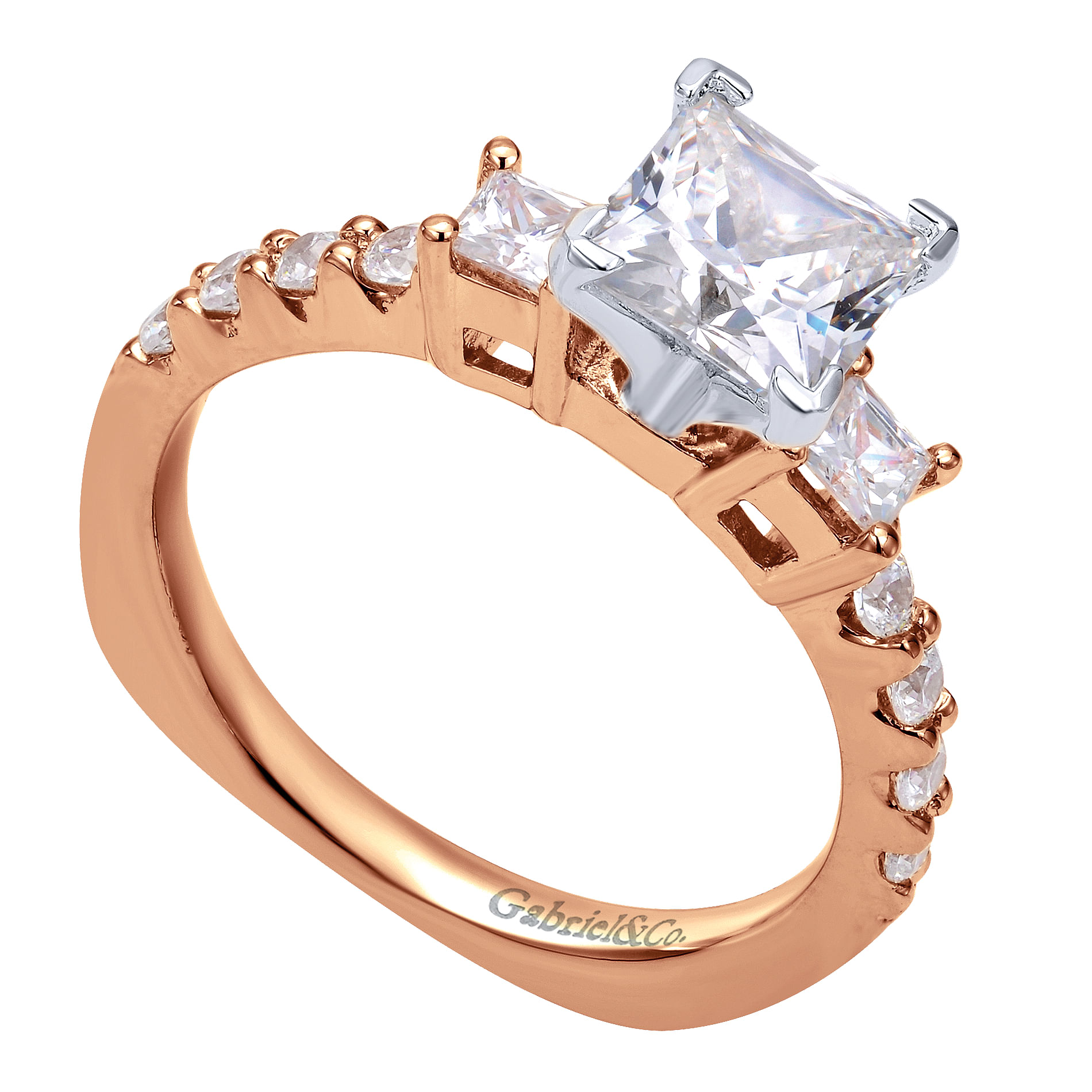 14K Rose Gold Princess Cut Three Stone Diamond Engagement Ring