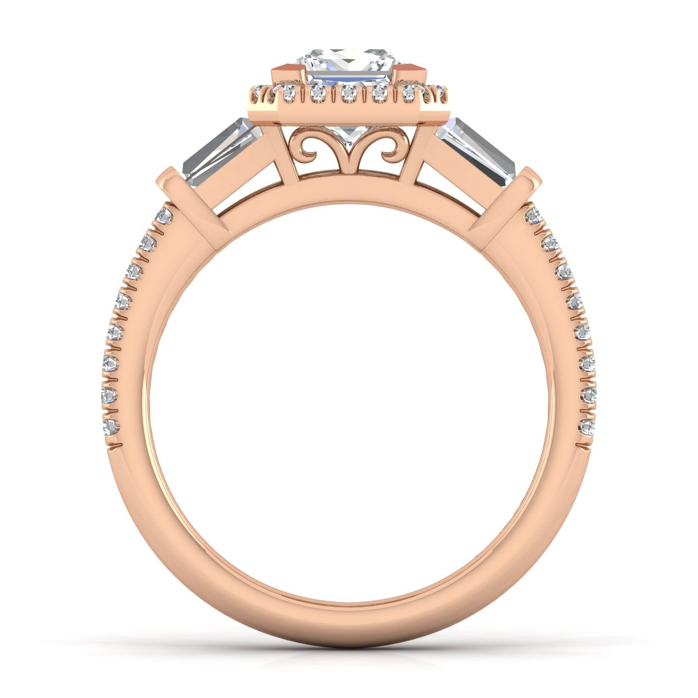 14K Rose Gold Princess Three Stone Halo Diamond Engagement Ring