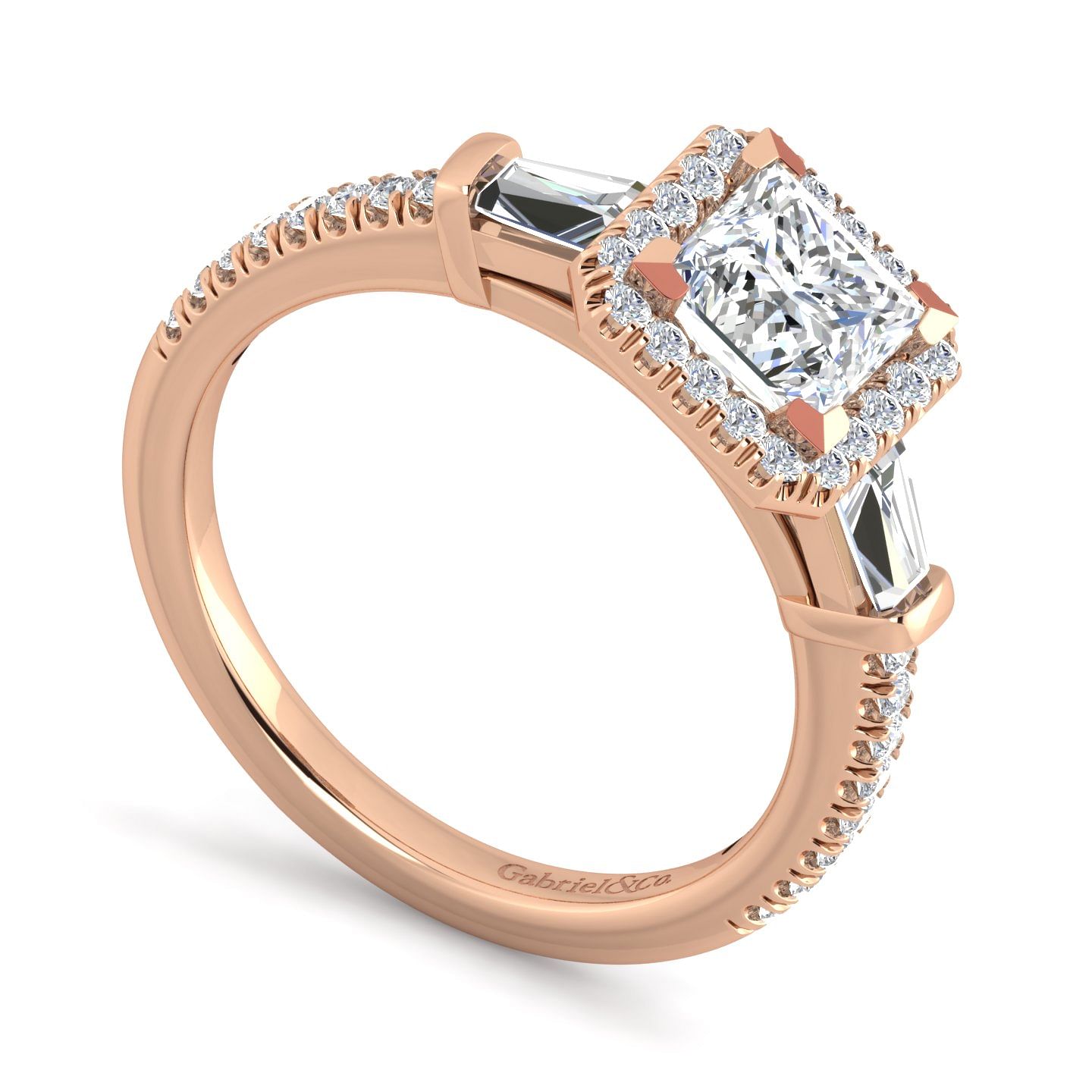 14K Rose Gold Princess Three Stone Halo Diamond Engagement Ring