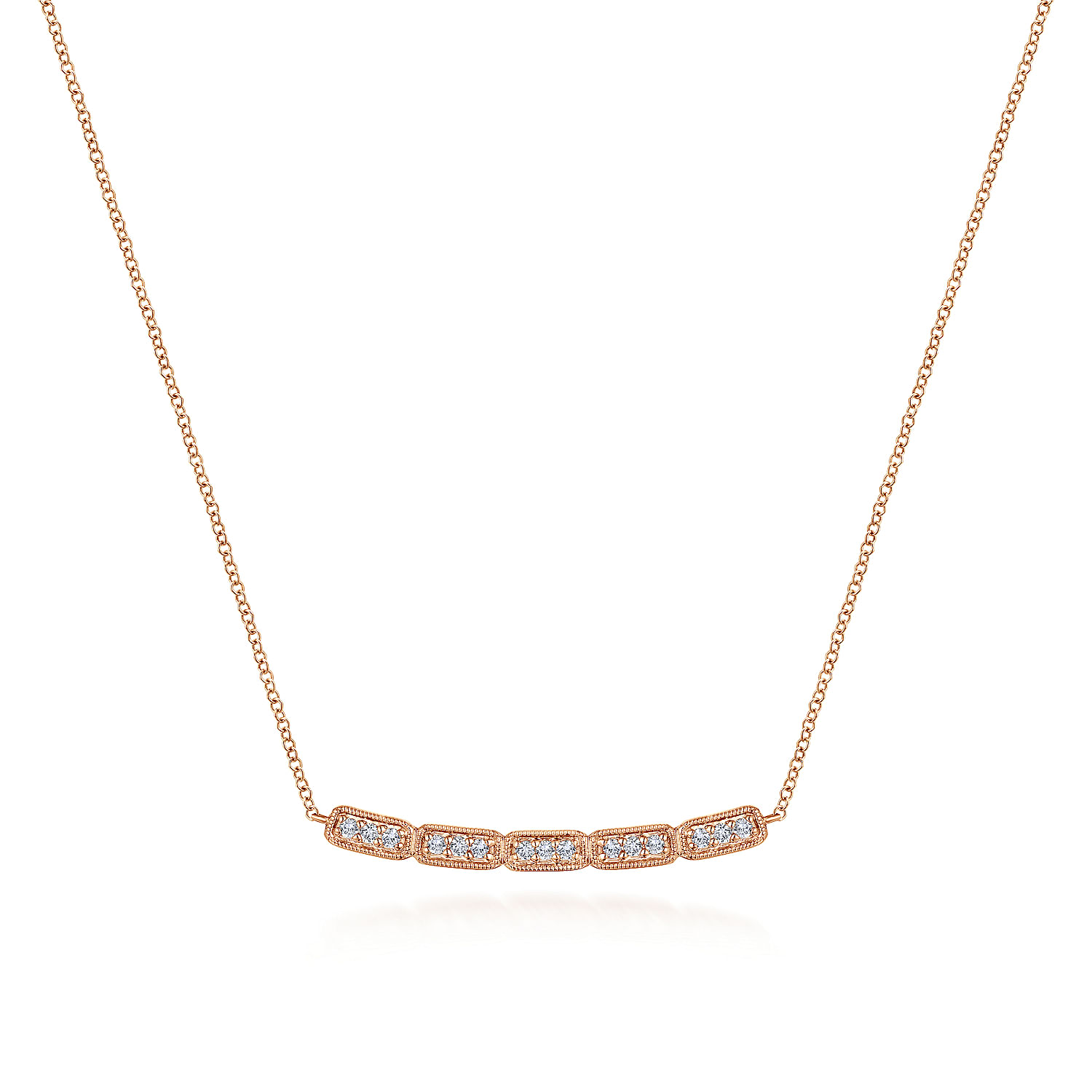 14K Rose Gold Round Floating Diamond Curved Bar Necklace