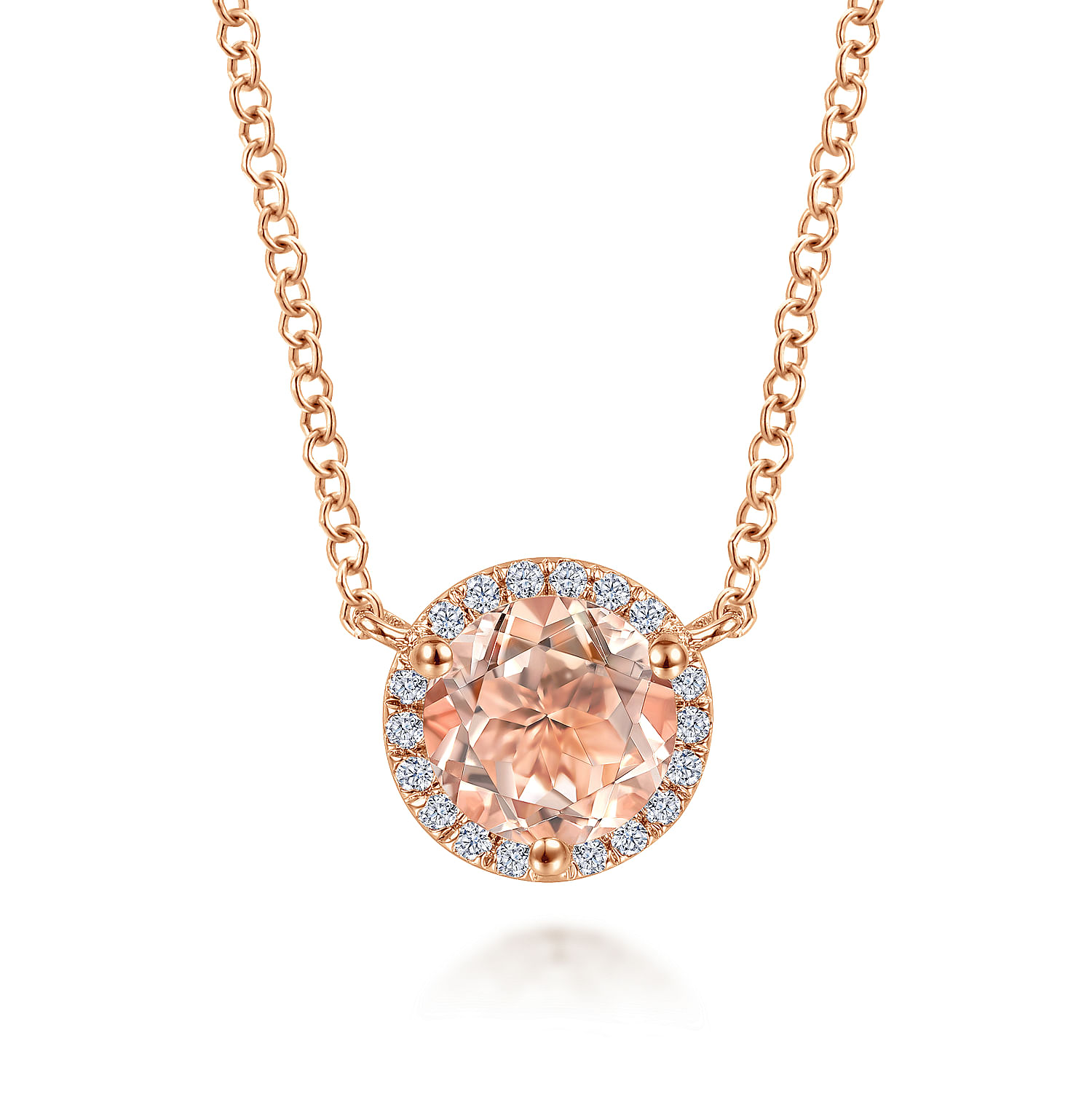 14K Rose Gold Round Morganite and Diamond Halo Pendant Necklace