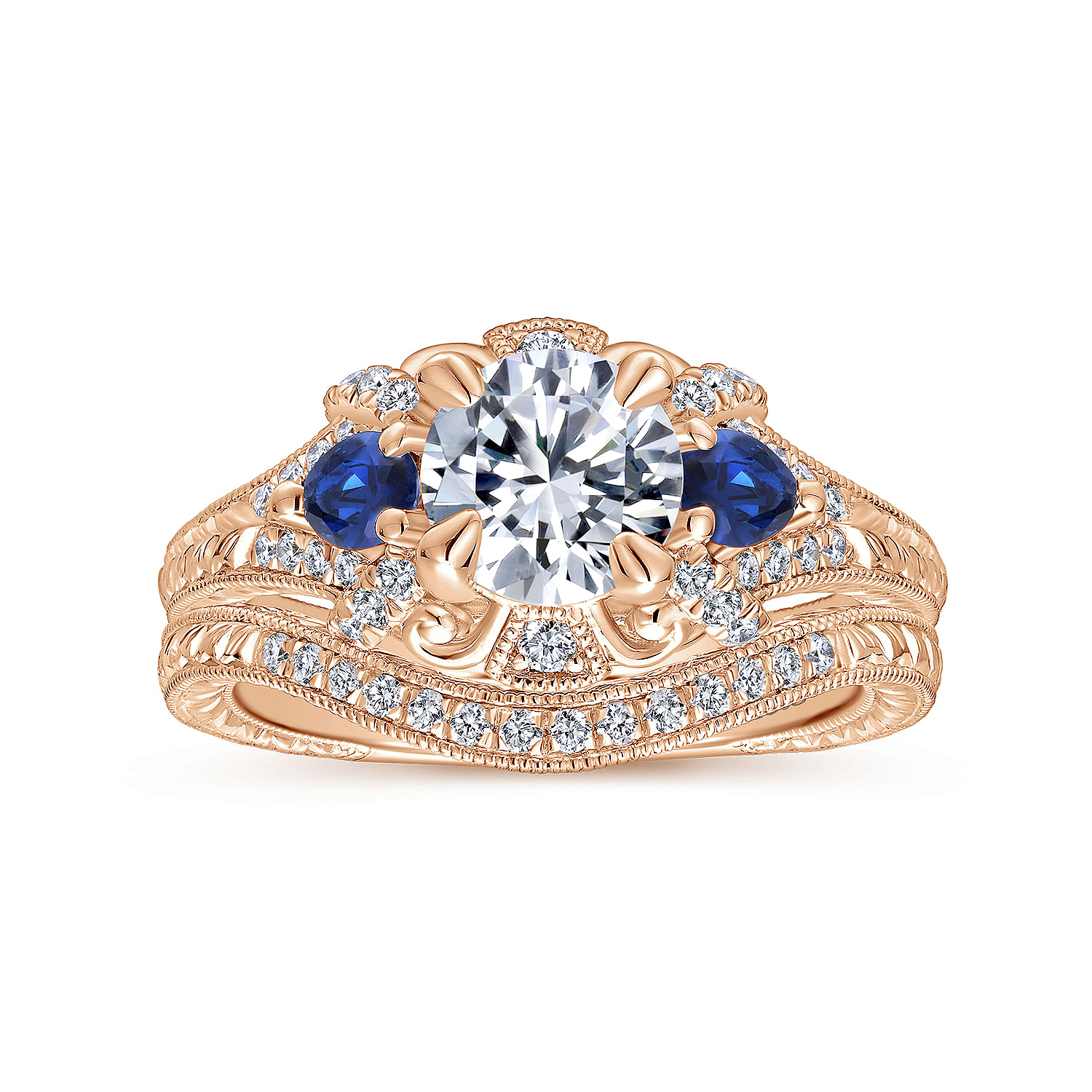 14K Rose Gold Round Sapphire and Diamond Engagement Ring