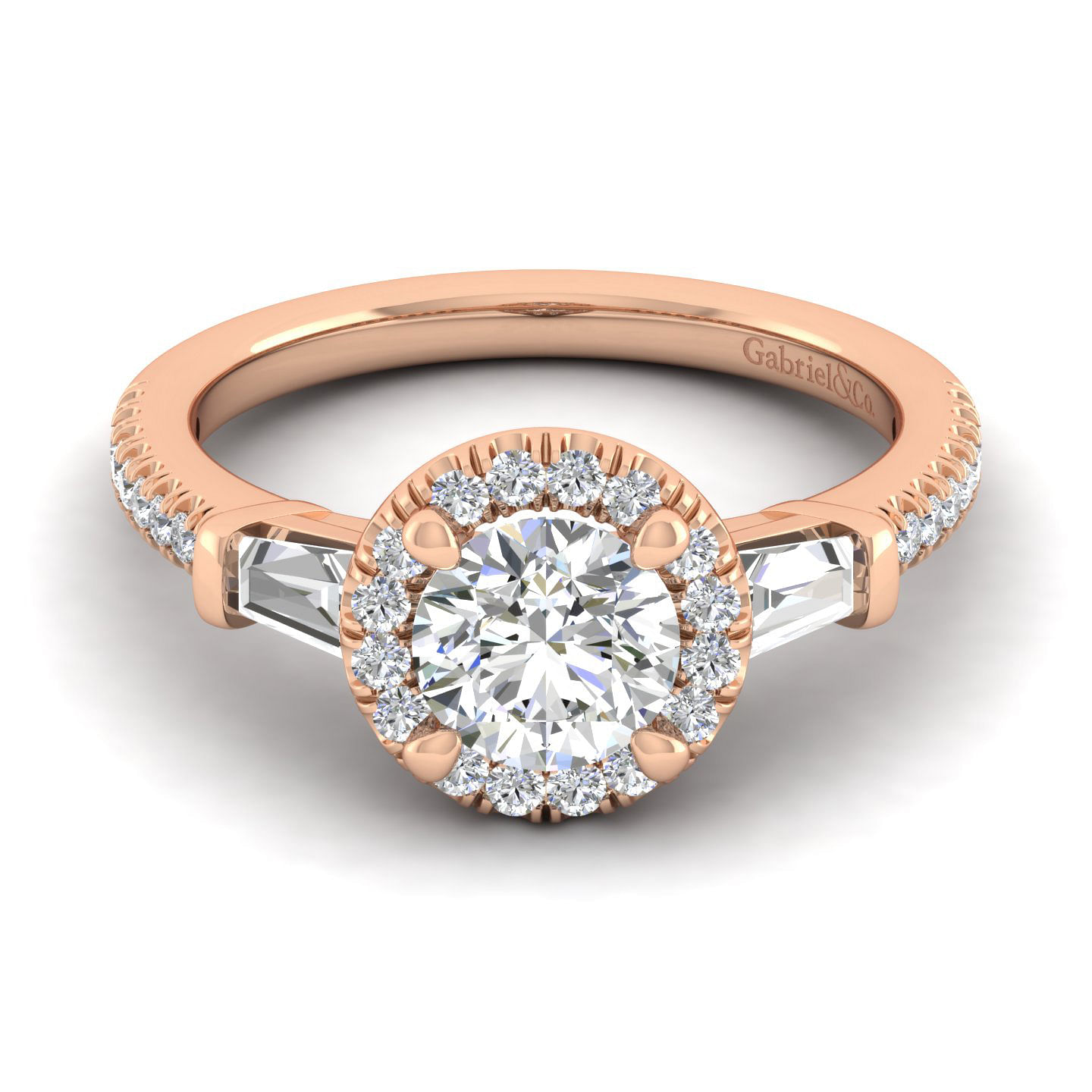 14K Rose Gold Round Three Stone Halo Diamond Engagement Ring