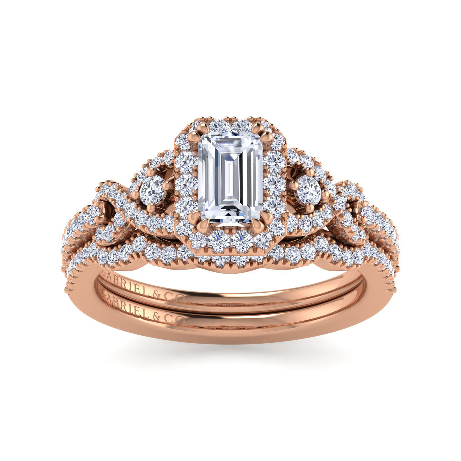 14K Rose Gold Three Stone Halo Emerald Cut Diamond Engagement Ring