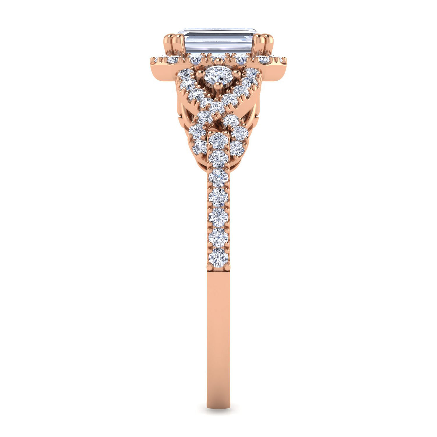 14K Rose Gold Three Stone Halo Emerald Cut Diamond Engagement Ring