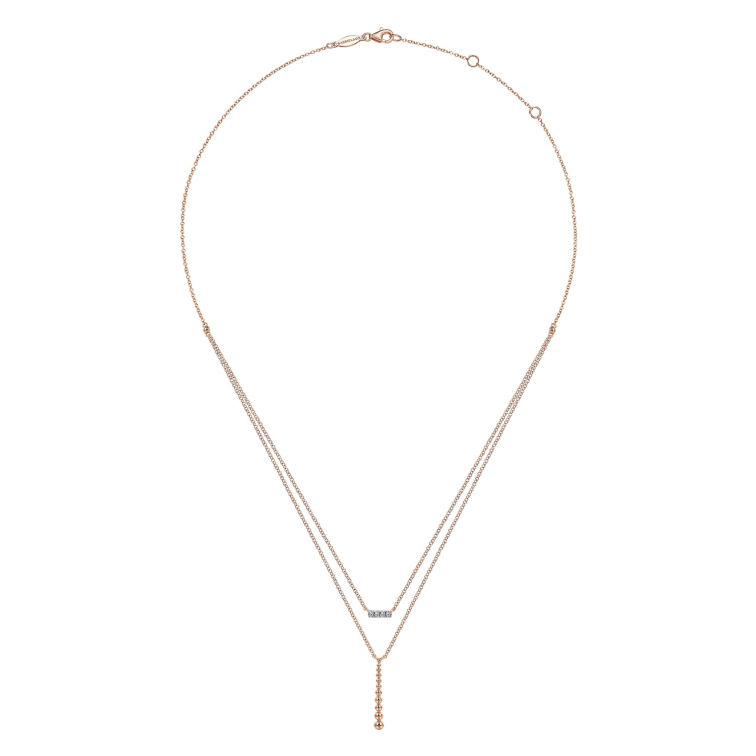 14K Rose Gold Two Strand Diamond Bar and Bujukan Beaded Pendant Necklace