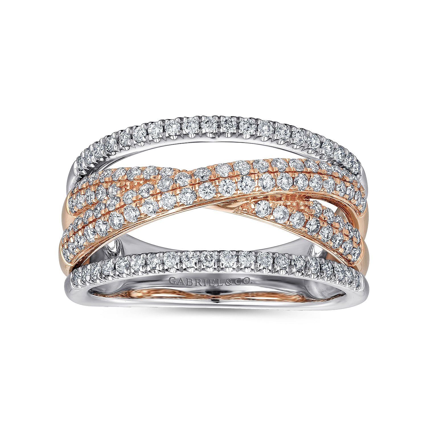 14K Rose and White Gold Criss Crossing Multi Row Diamond Ring
