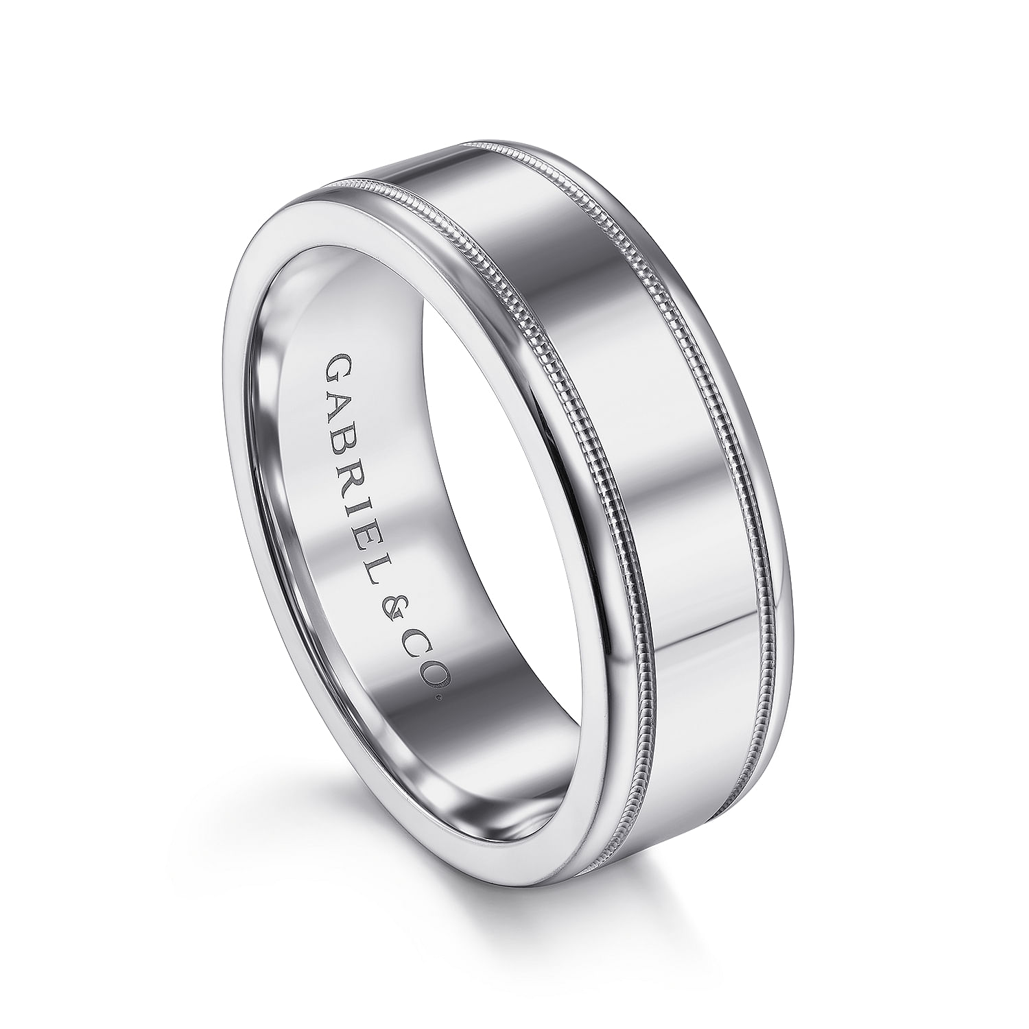 14K White Gold 7mm - High Polished Men's Wedding Band with Millgrain