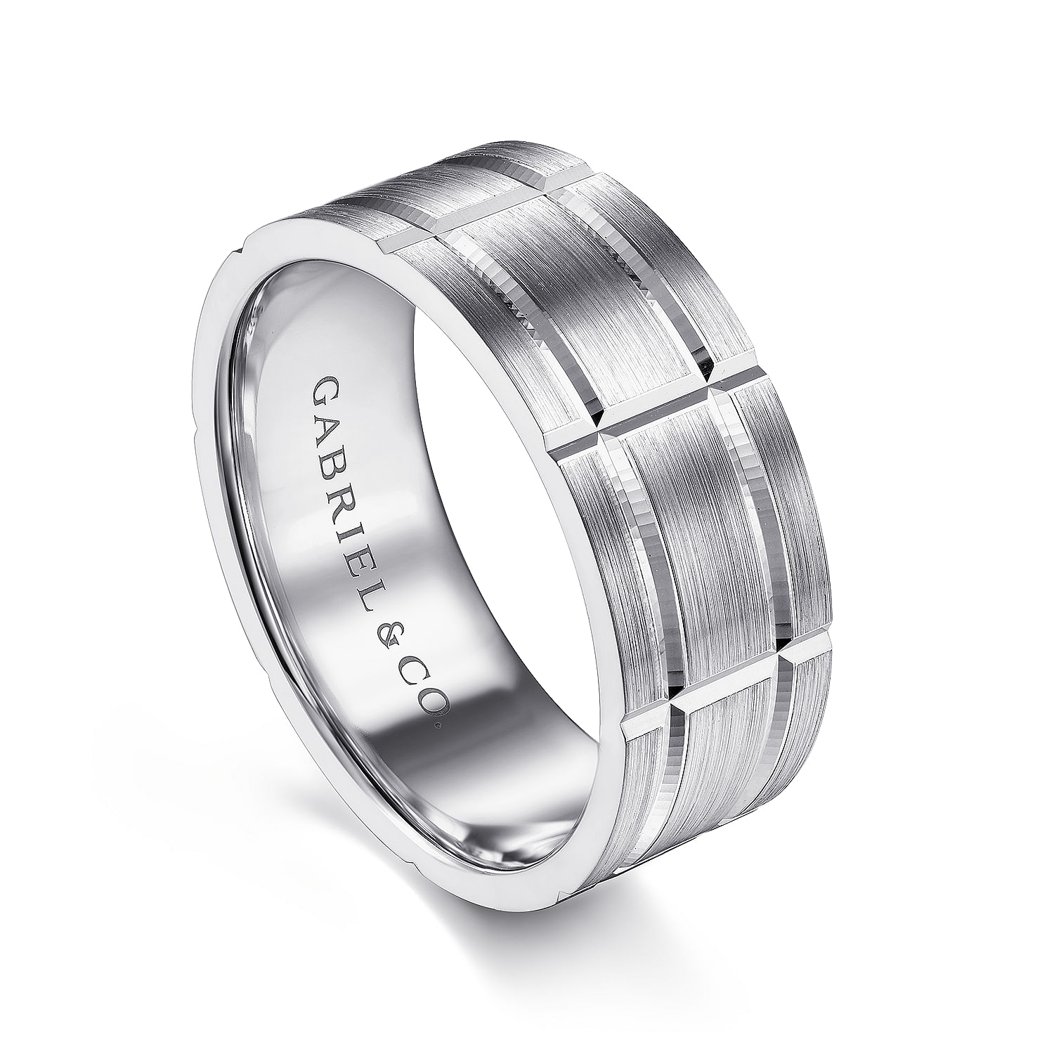 14K White Gold 8mm - Grooved Elongated Checkered Pattern Men's Wedding Band in Satin Finish