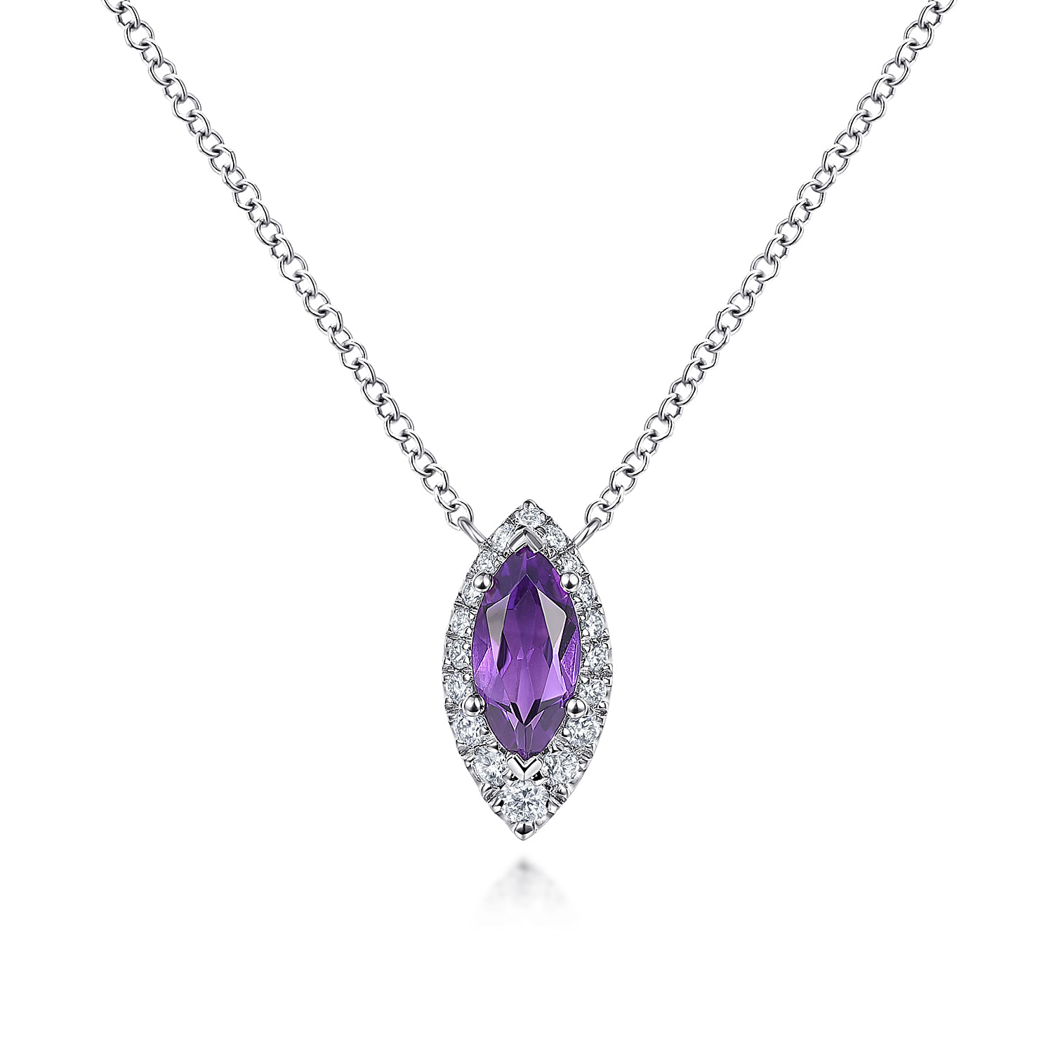 14K White Gold Amethyst Marquise and Diamond Halo Pendant Necklace