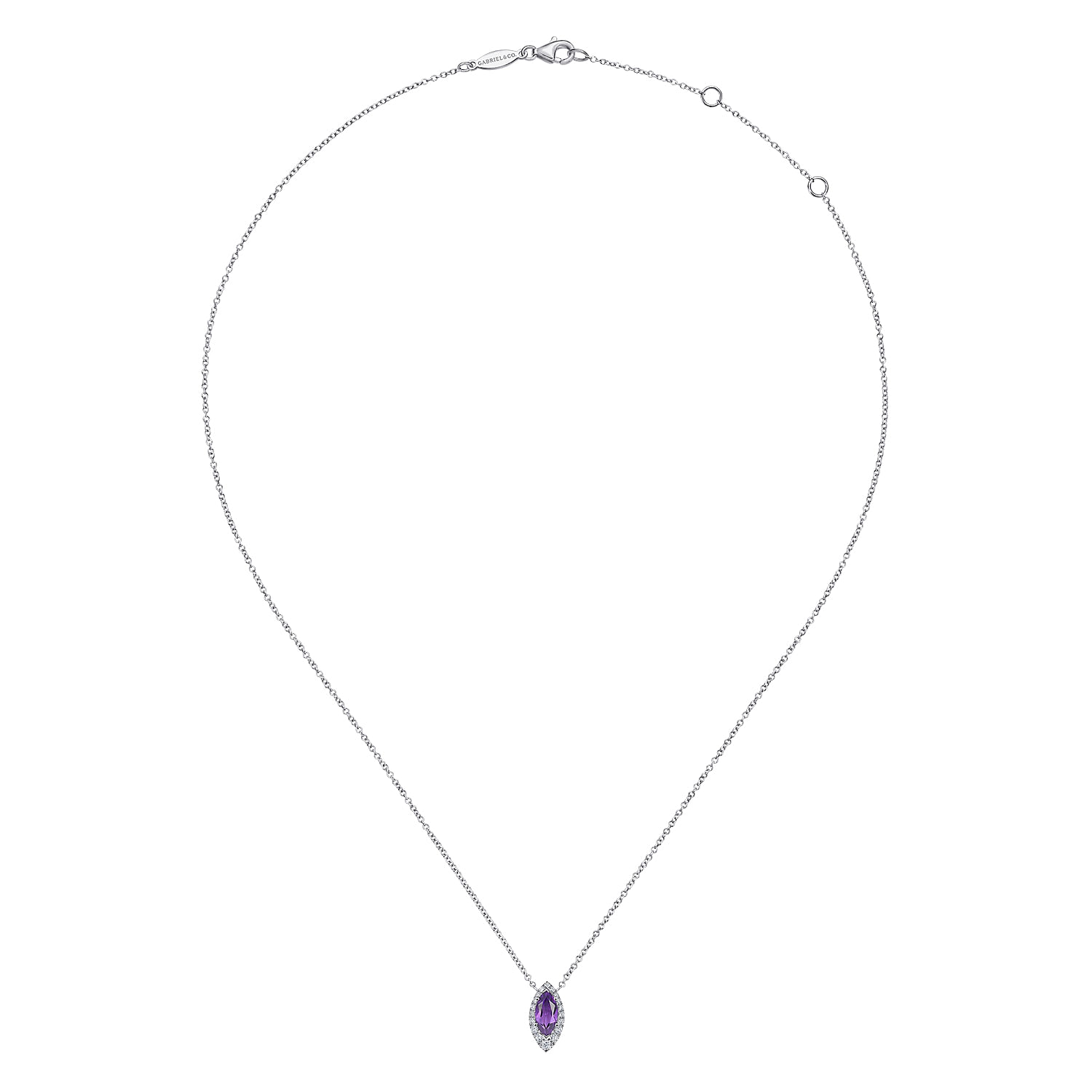 14K White Gold Amethyst Marquise and Diamond Halo Pendant Necklace