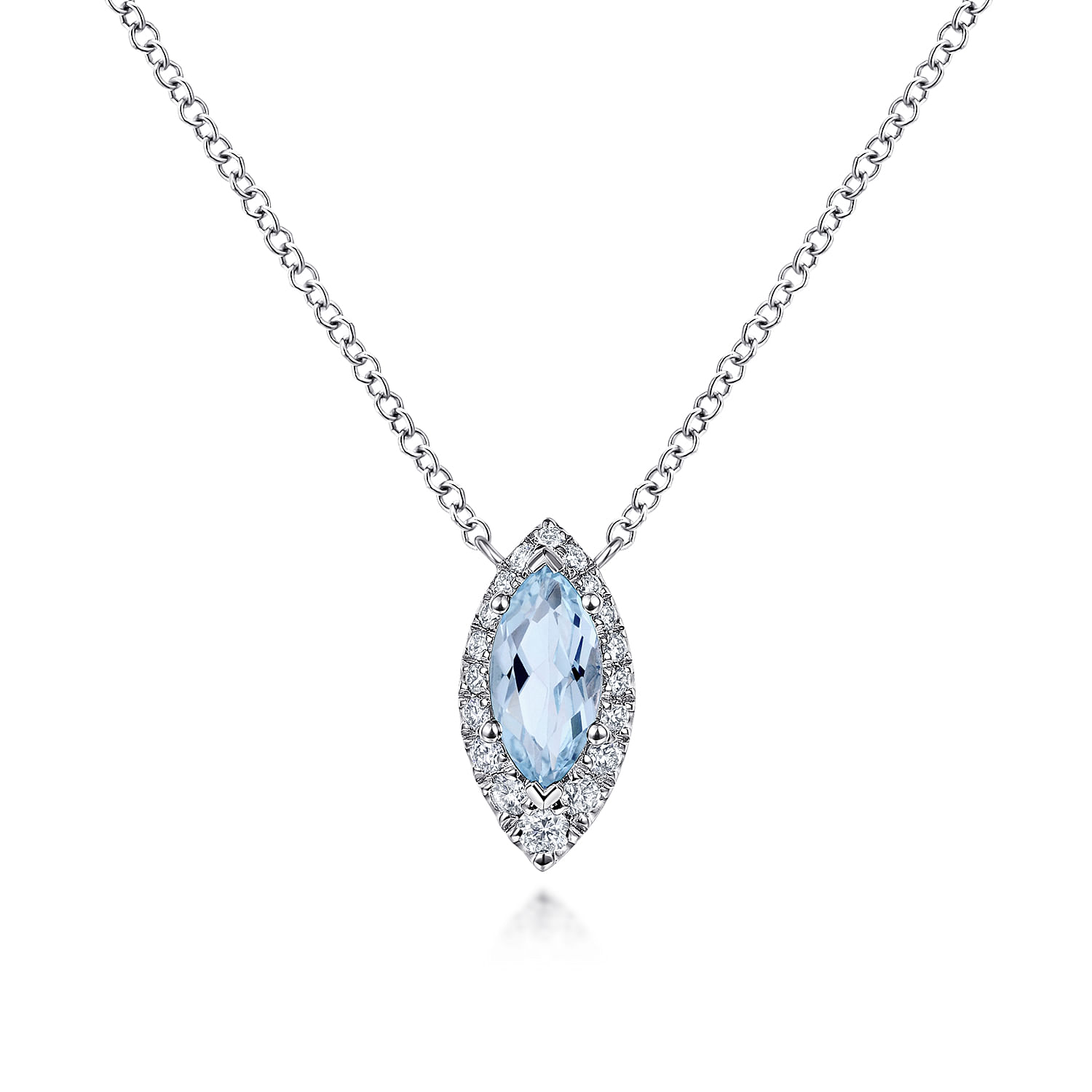 14K White Gold Aquamarine Marquise and Diamond Halo Pendant Necklace