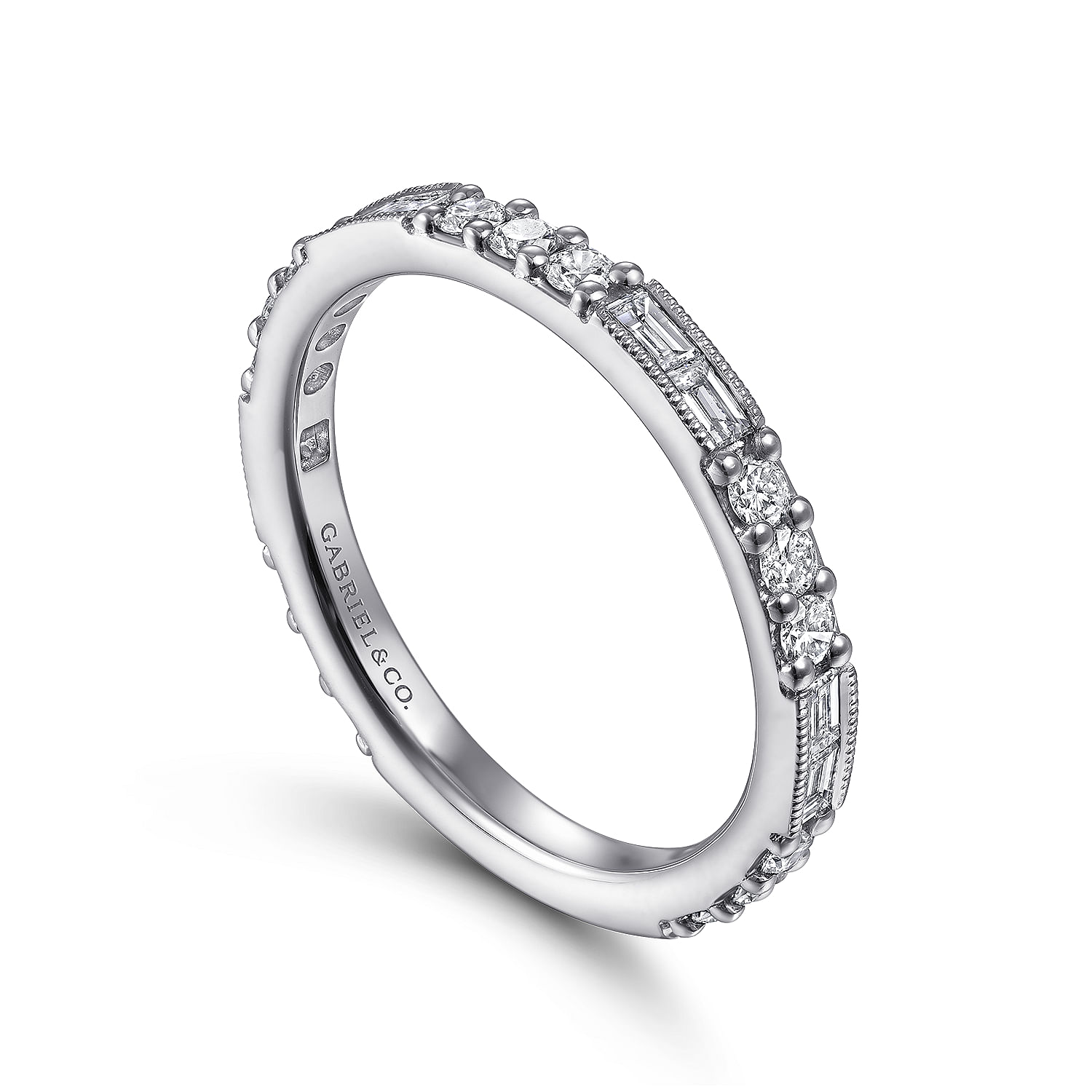 14K White Gold Baguette and Round Diamond Stackable Ring