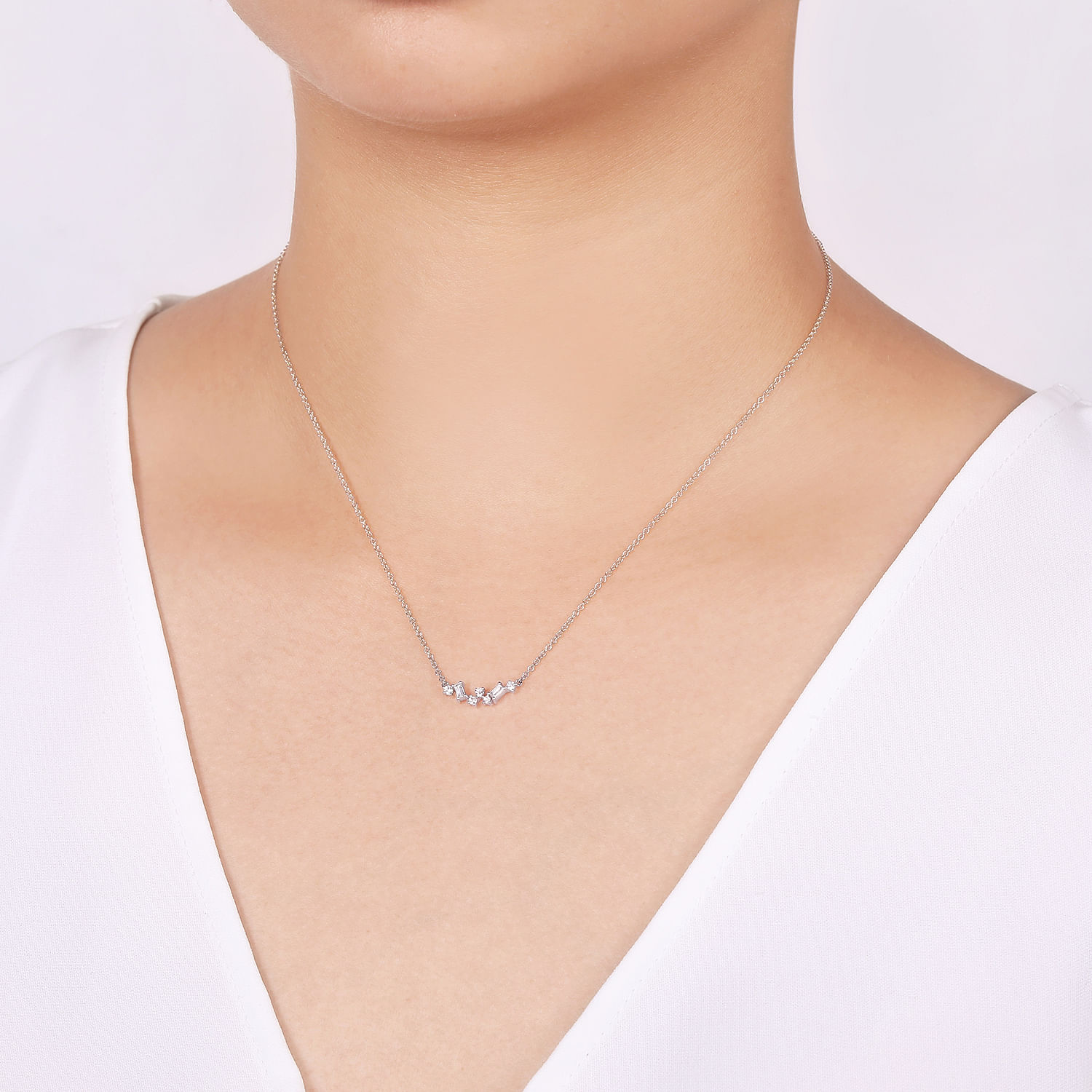 14K White Gold Baguette and Round Diamond Zig Zag Necklace
