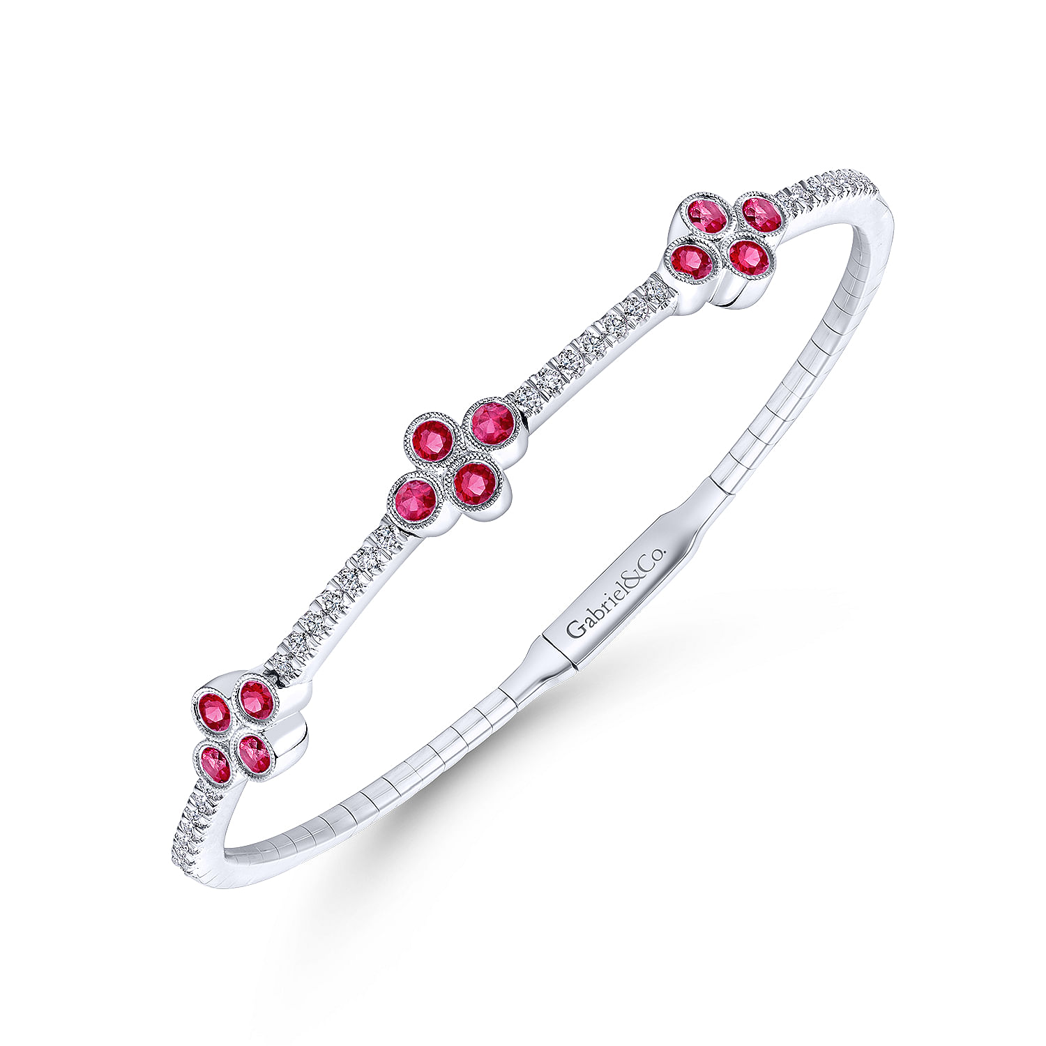 14K White Gold Bangle with Diamond and Ruby Quatrefoil Stations