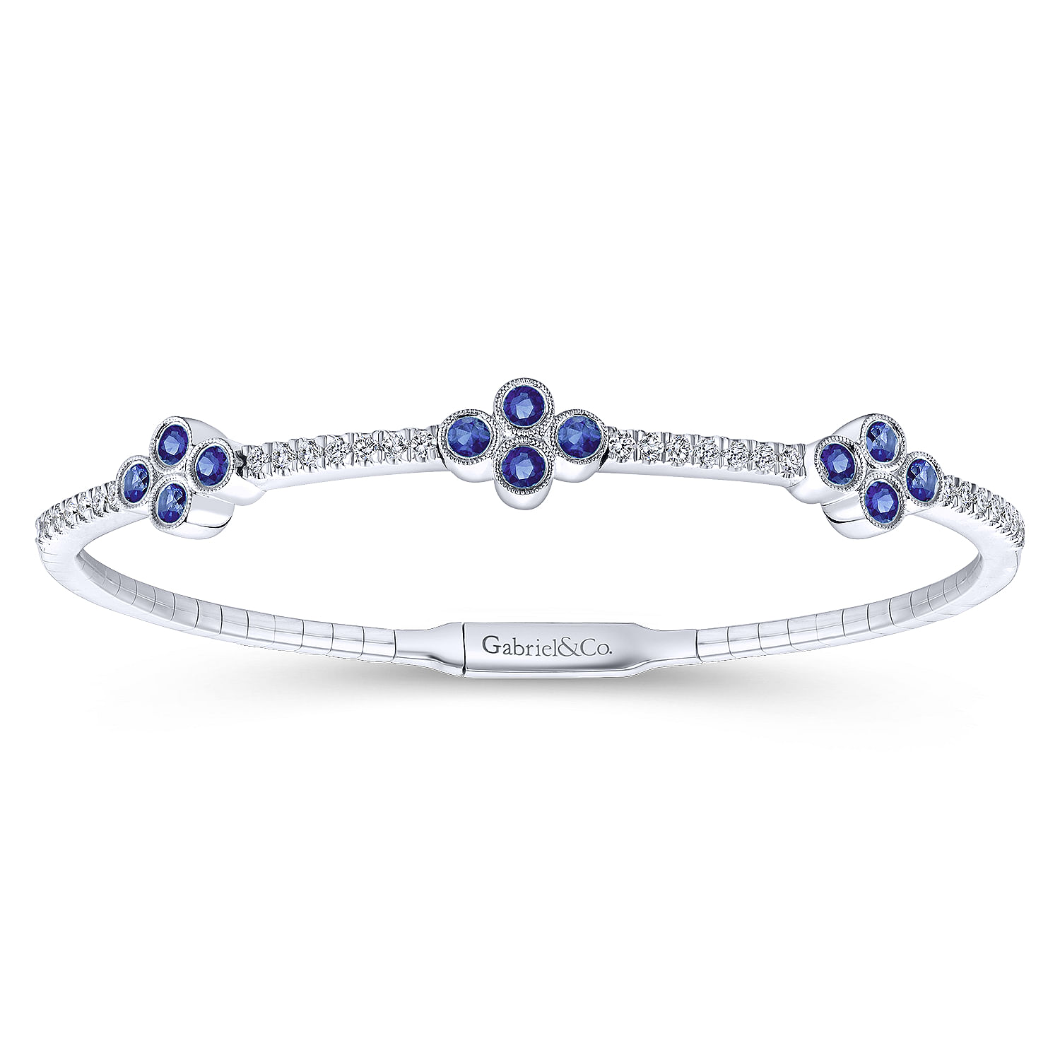 14K White Gold Bangle with Diamond and Sapphire Quatrefoil Stations
