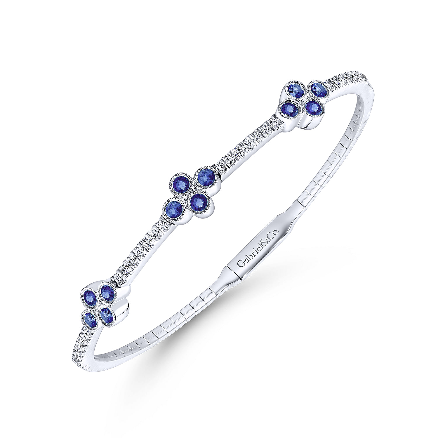 14K White Gold Bangle with Diamond and Sapphire Quatrefoil Stations