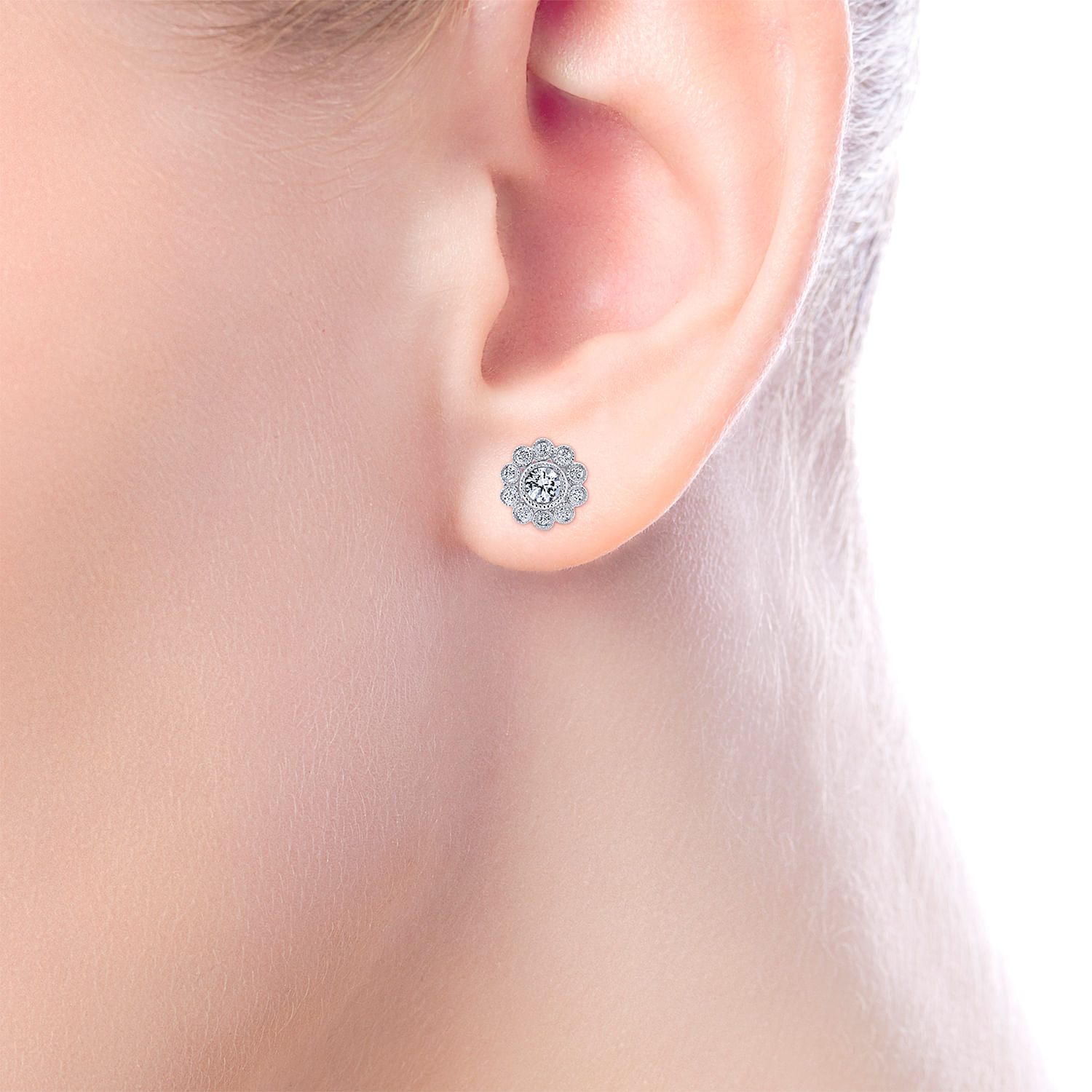 14K White Gold Bezel Set Round Diamond Flower Stud Earrings