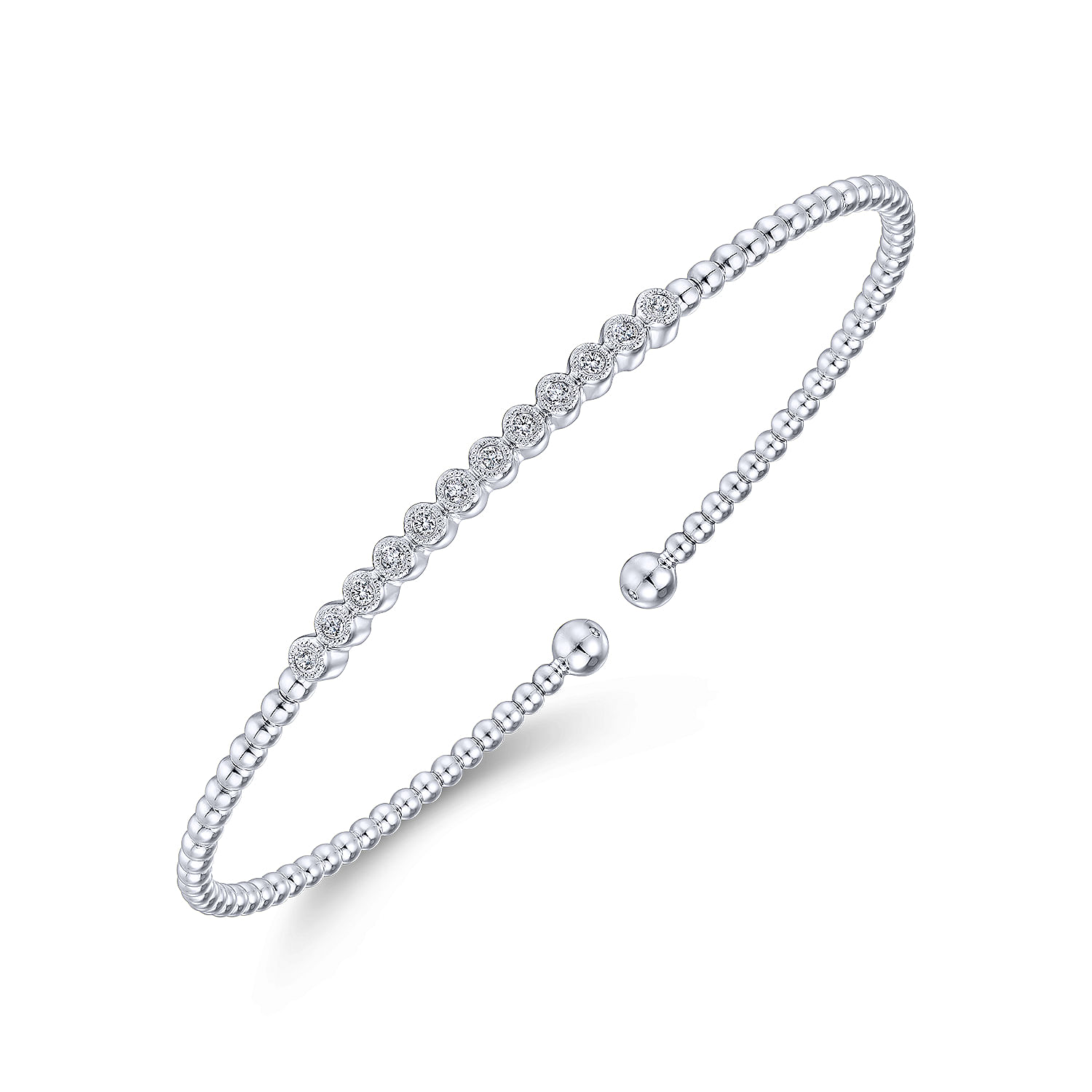 14K White Gold Bujukan Bead Cuff Bracelet with Bezel Set Diamond Stations