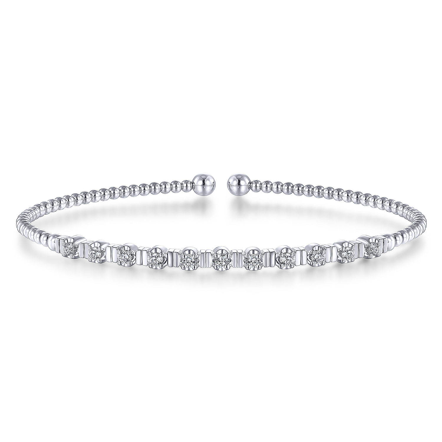 14K White Gold Bujukan Bead Cuff Bracelet with Diamond Stations