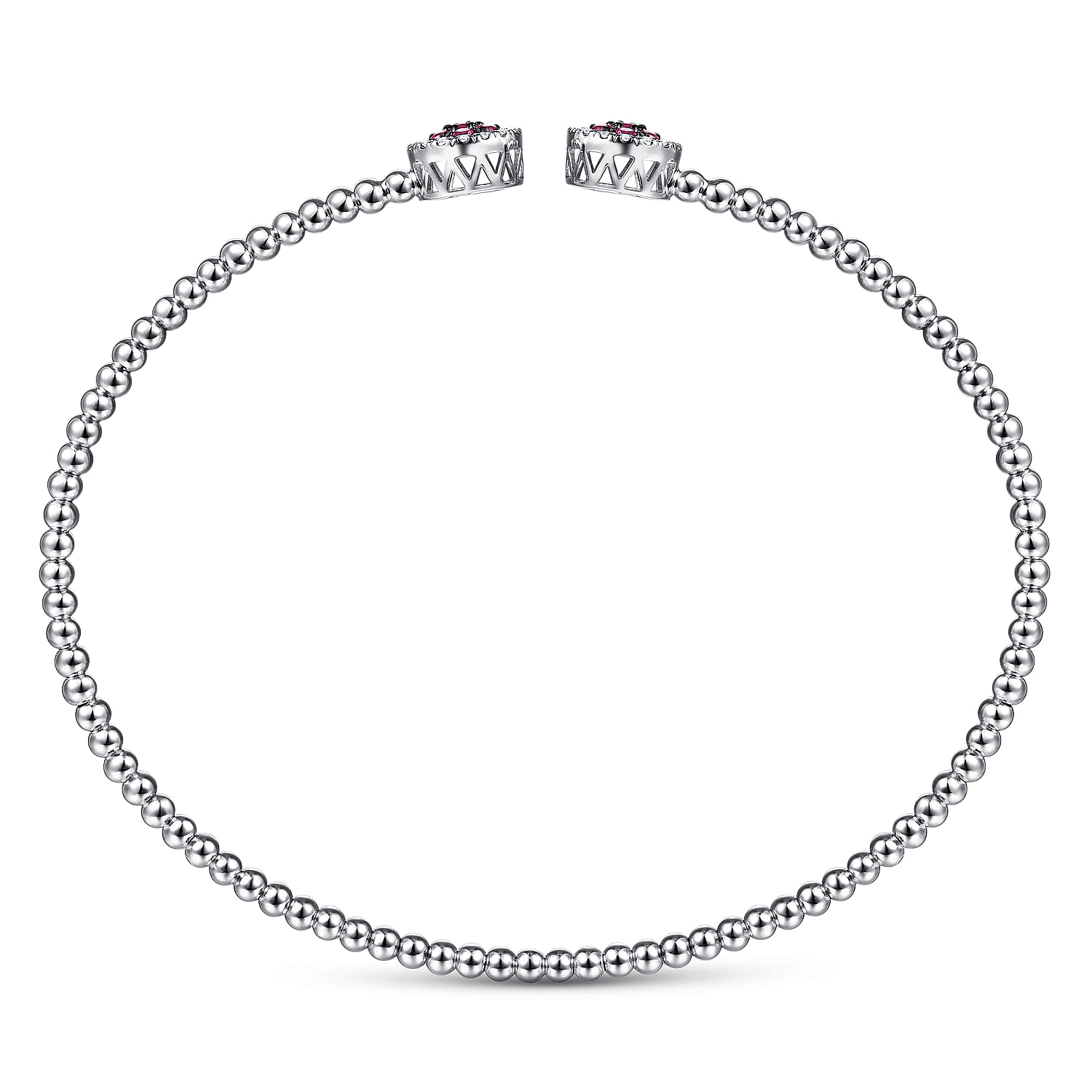 14K White Gold Bujukan Bead Cuff Bracelet with Ruby and Diamond Halo Caps