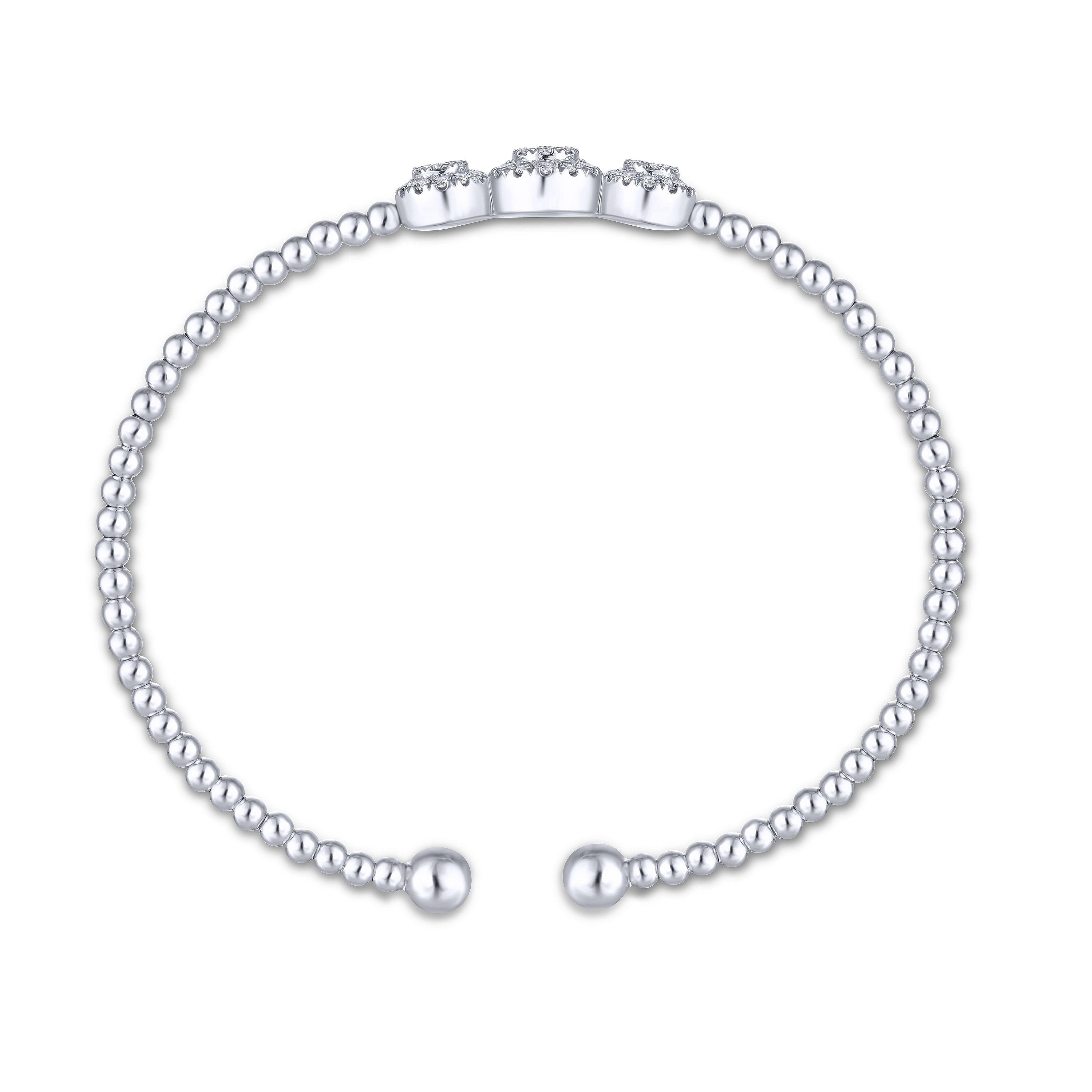 14K White Gold Bujukan Bead Cuff Bracelet with Three Pavé Diamond Stations