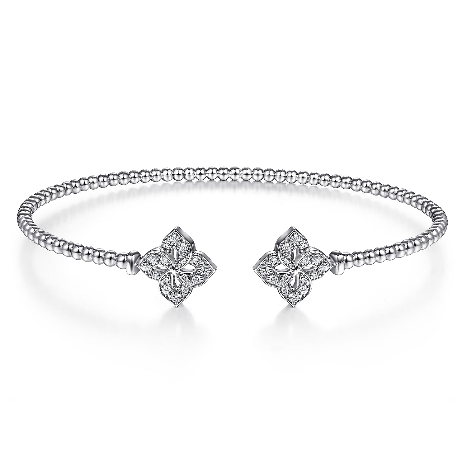 14K White Gold Bujukan Split Cuff Bracelet with Diamond Flower Caps