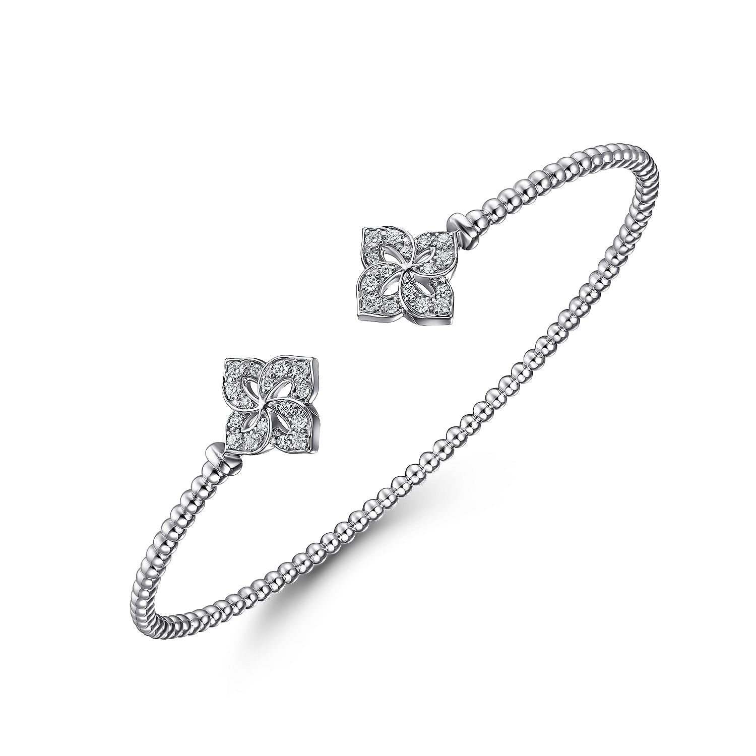 14K White Gold Bujukan Split Cuff Bracelet with Diamond Flower Caps