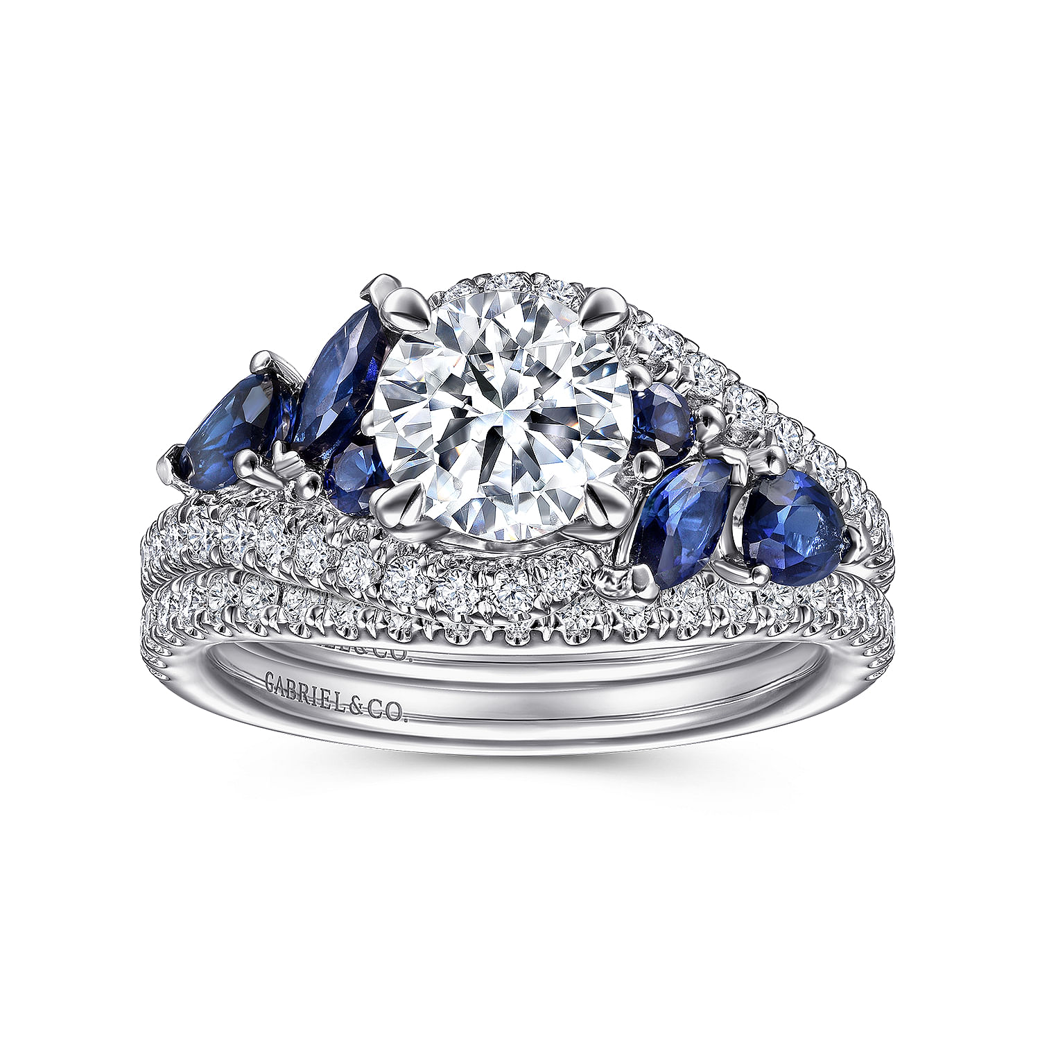 14K White Gold Bypass Round Sapphire and Diamond Engagement Ring