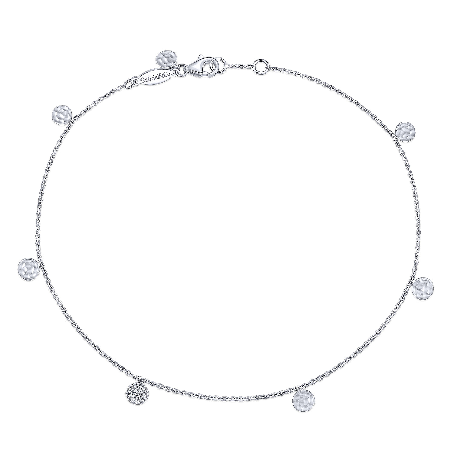 14K White Gold Chain Ankle Bracelet with Round Hammered and Diamond Disc Drops