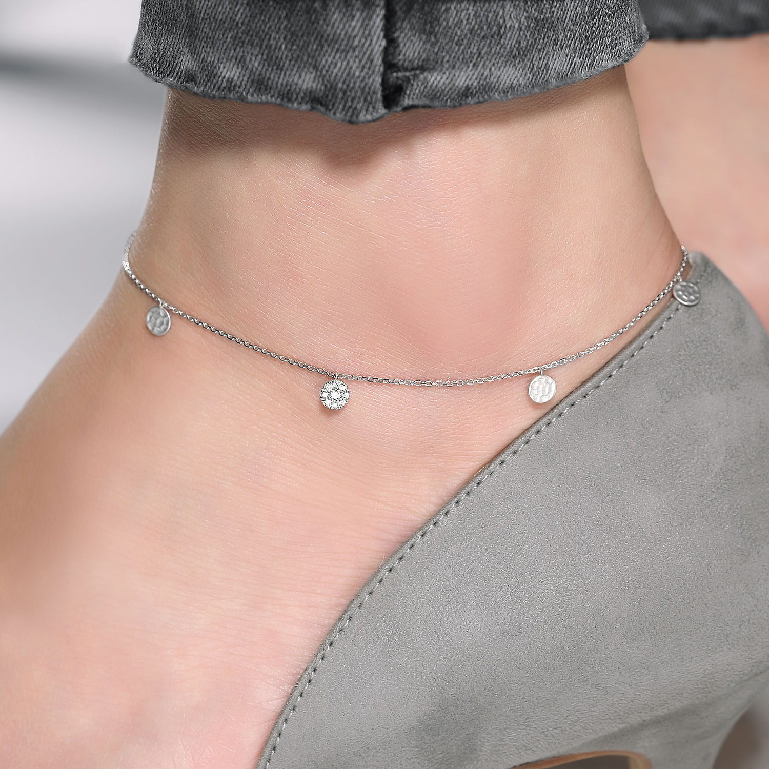 14K White Gold Chain Ankle Bracelet with Round Hammered and Diamond Disc Drops