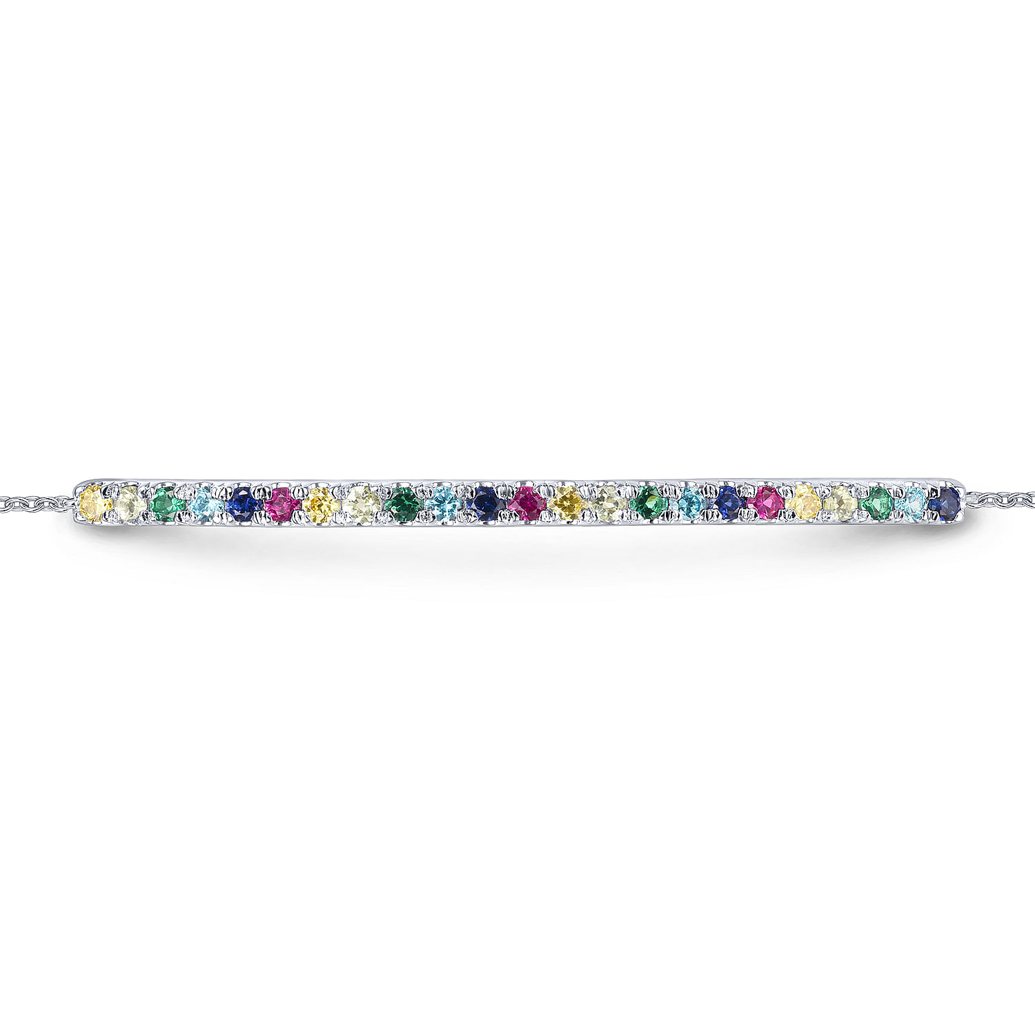 14K White Gold Chain Bracelet with Rainbow Color Stone Bar 