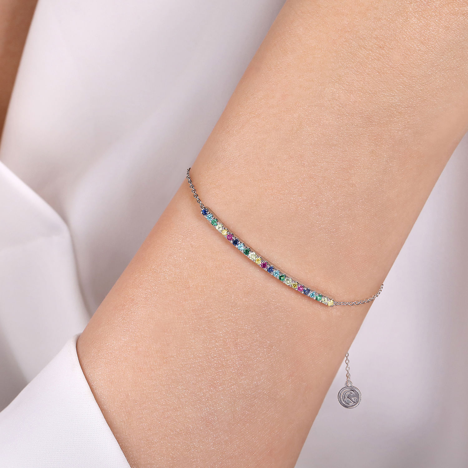 14K White Gold Chain Bracelet with Rainbow Color Stone Bar 