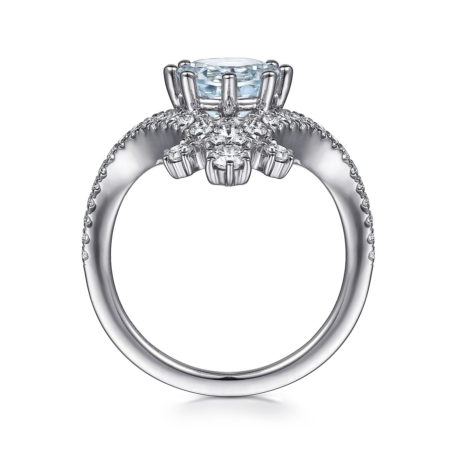 14K White Gold Chevron Aquamarine and Diamond Engagement Ring