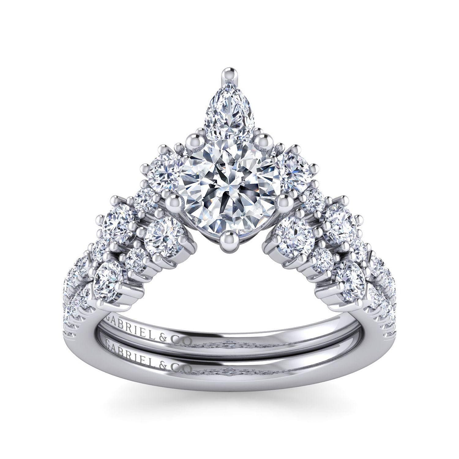 14K White Gold Chevron Round Diamond Engagement Ring