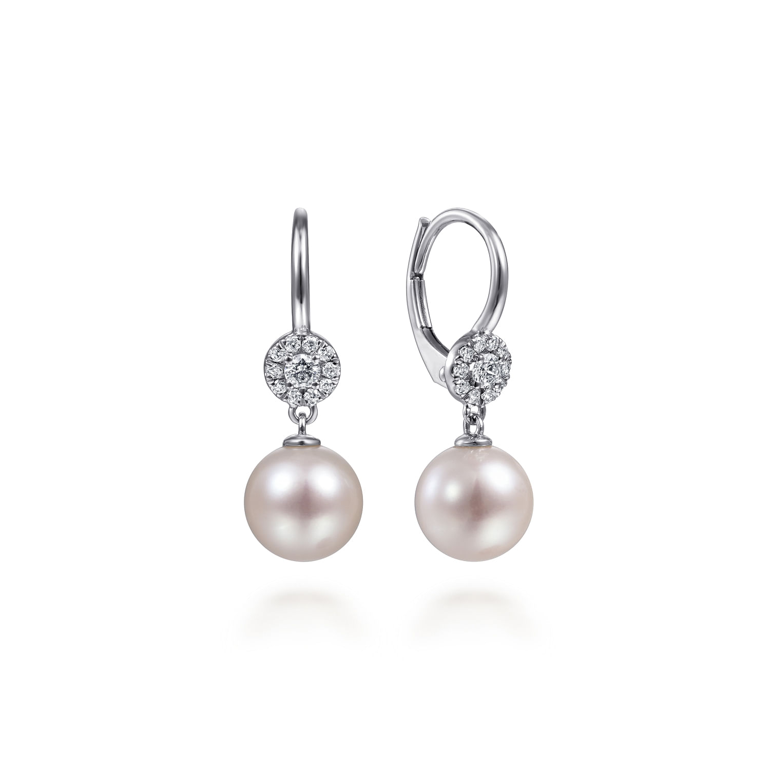 14K White Gold Cluster Diamond Disc and Pearl Drop Earrings
