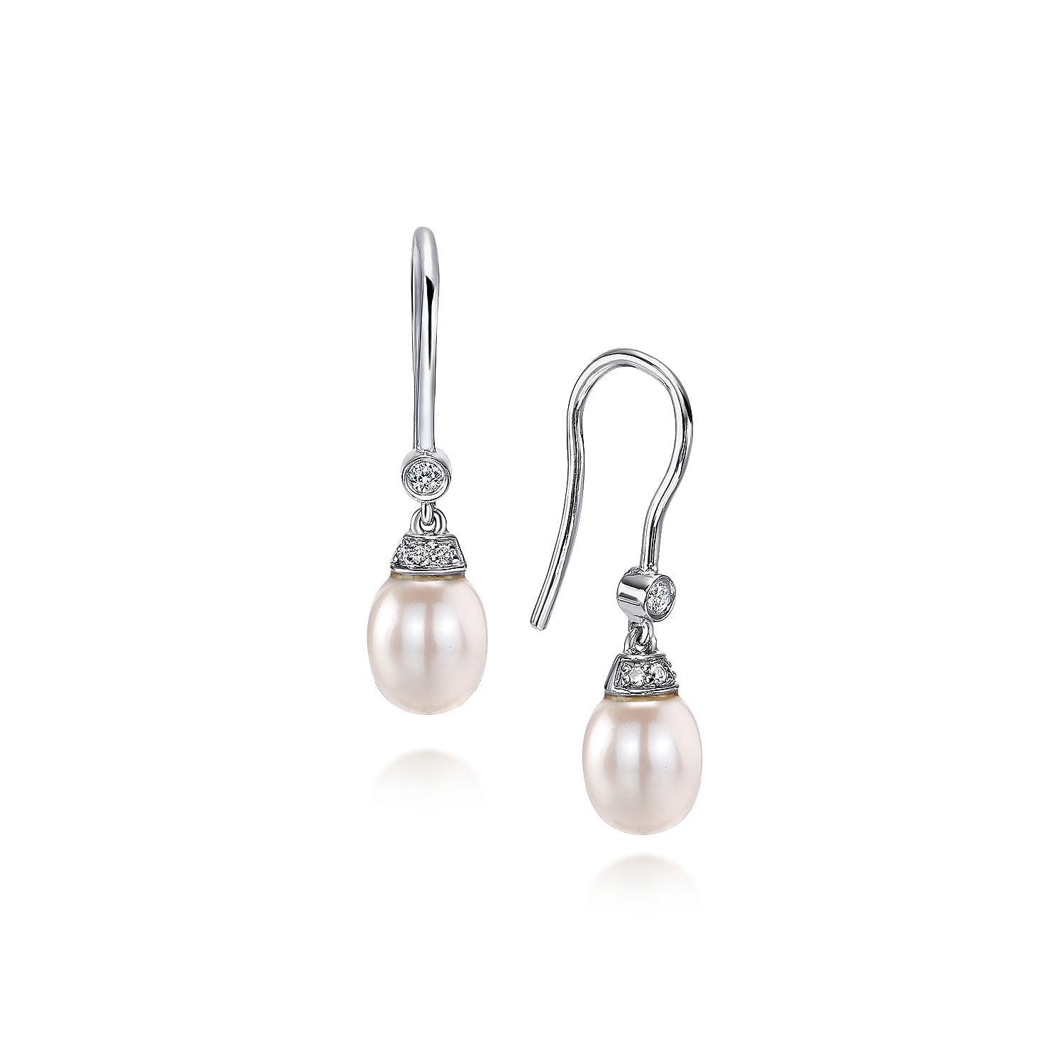 14K White Gold Cultured Pearl Diamond Fish Hook Drop Earrings