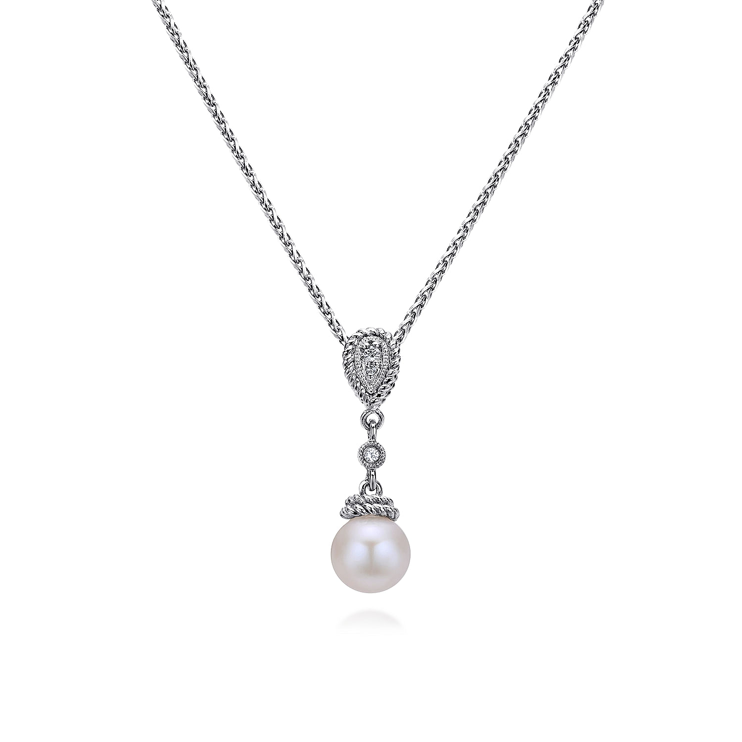 14K White Gold Cultured Pearl and Diamond Accent Pendant Necklace