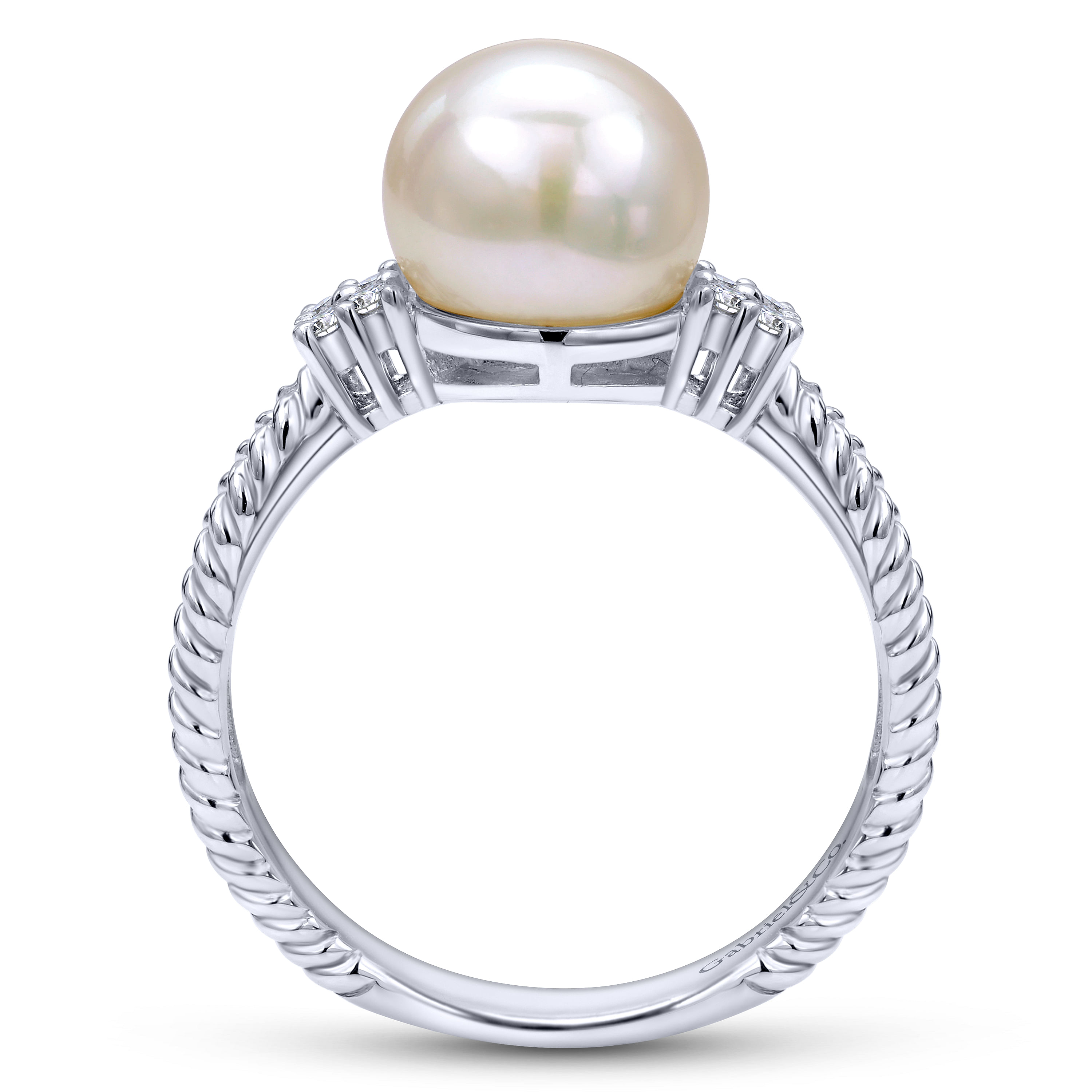 14K White Gold Cultured Pearl and Diamond Ring with Twisted Rope Shank