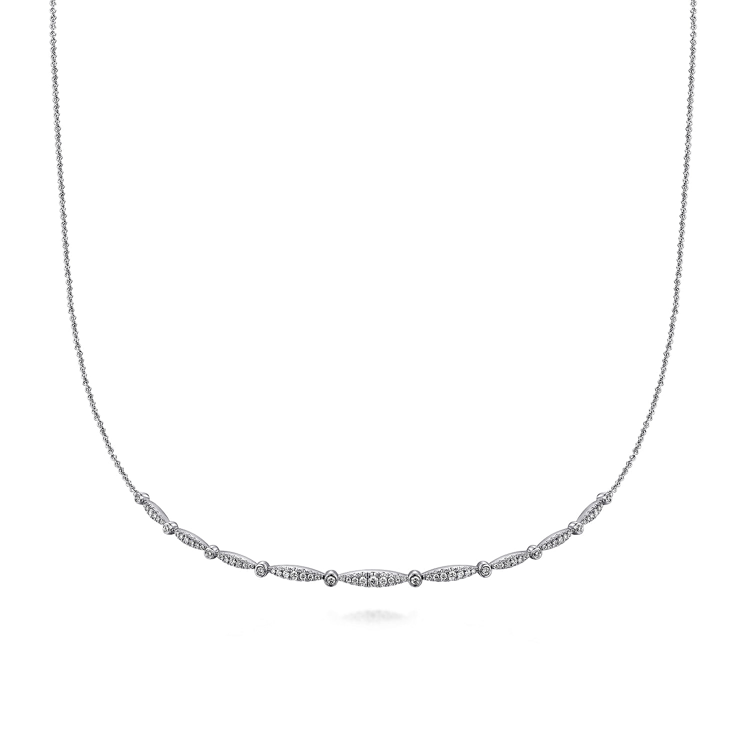 14K White Gold Curved Diamond Station Necklace