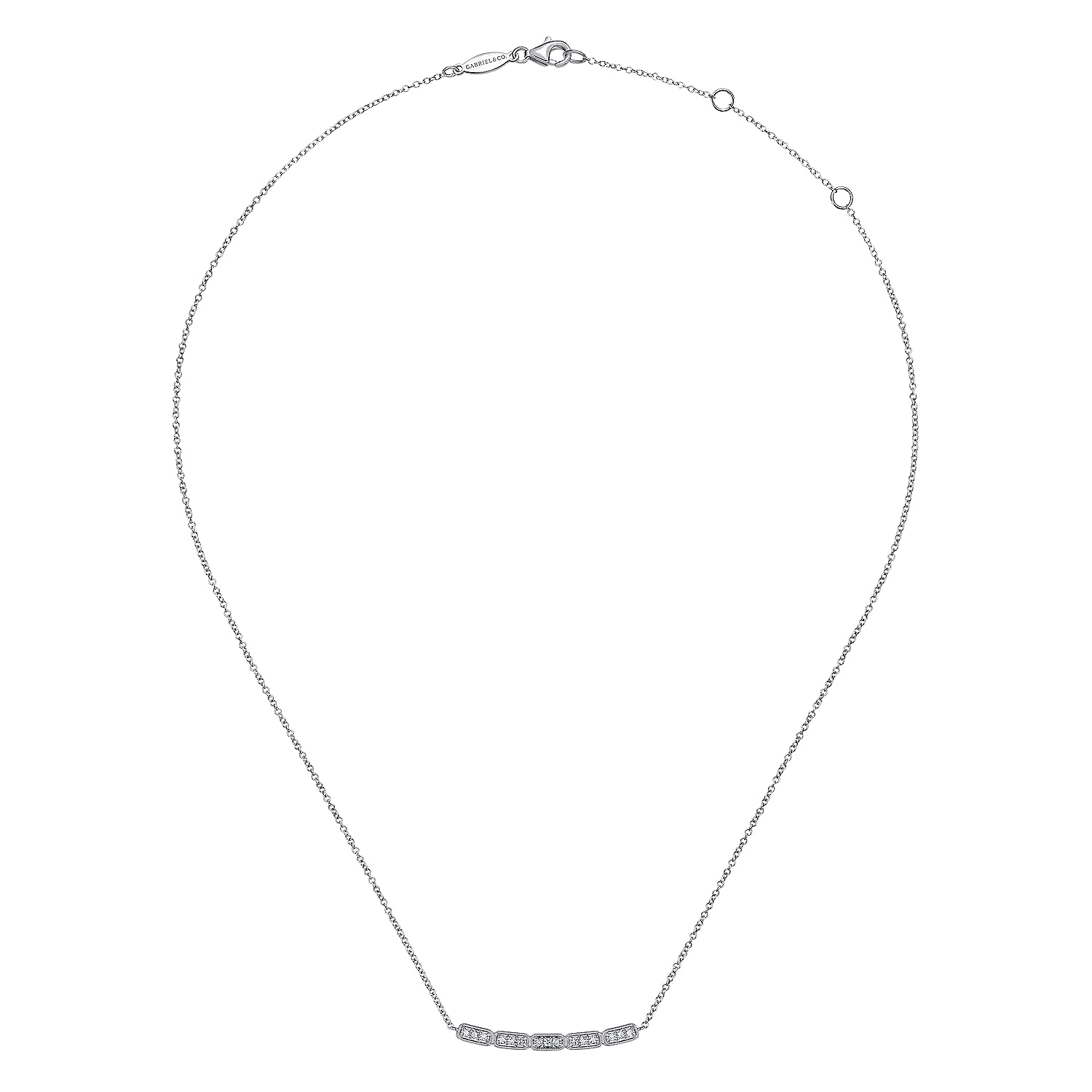 14K White Gold Curved Rectangular Station Bar Necklace with Diamonds