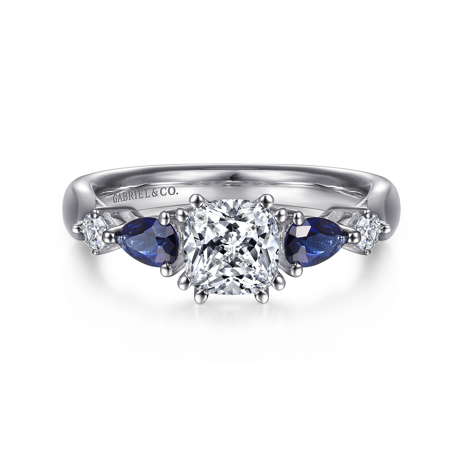 14K White Gold Cushion Cut Five Stone Sapphire and Diamond Engagement Ring