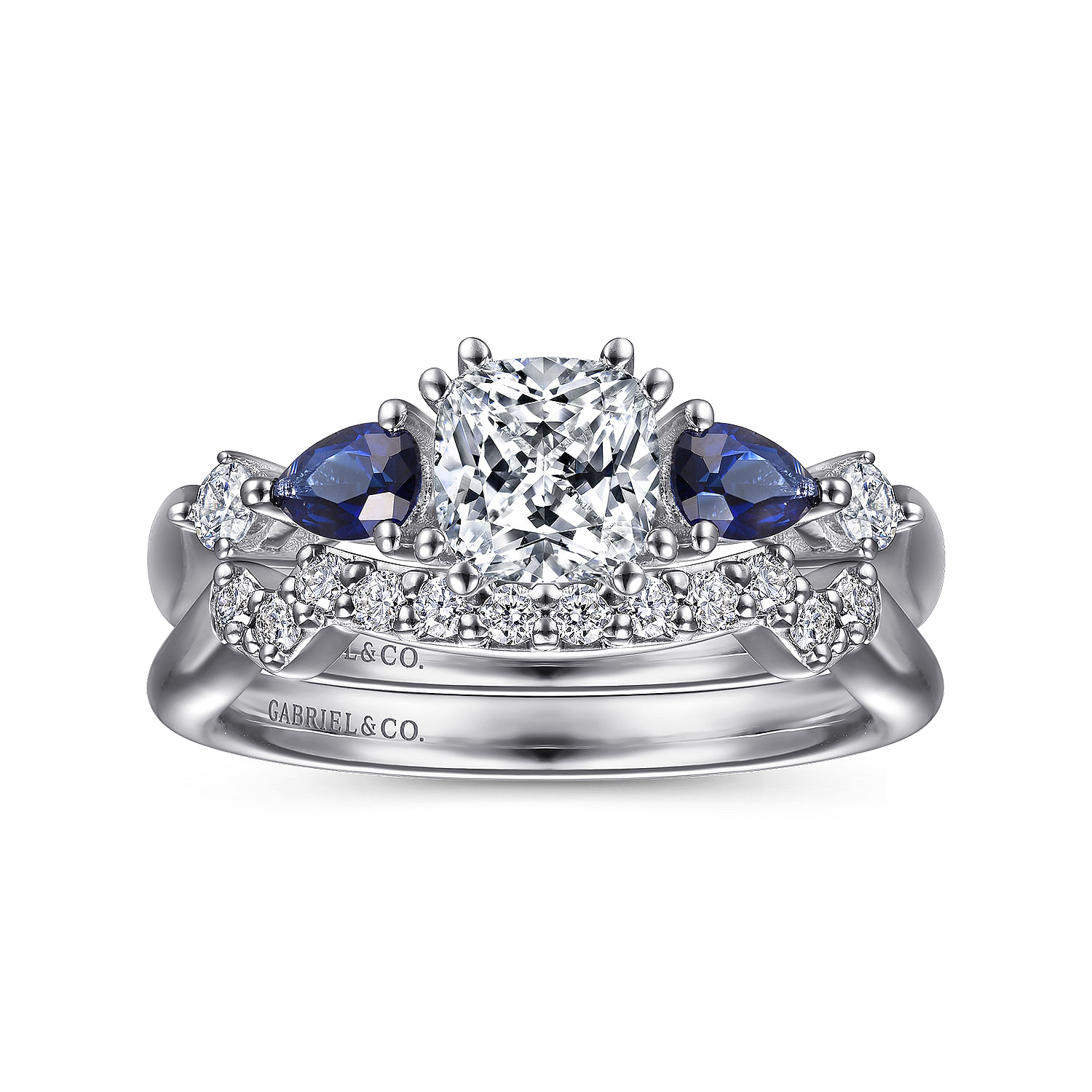 14K White Gold Cushion Cut Five Stone Sapphire and Diamond Engagement Ring