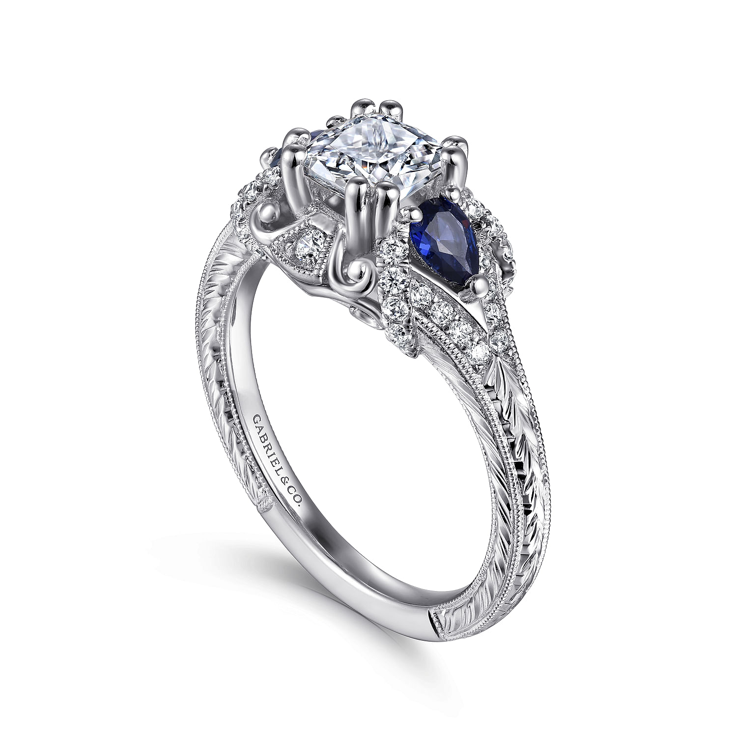 14K White Gold Cushion Cut Sapphire and Diamond Engagement Ring