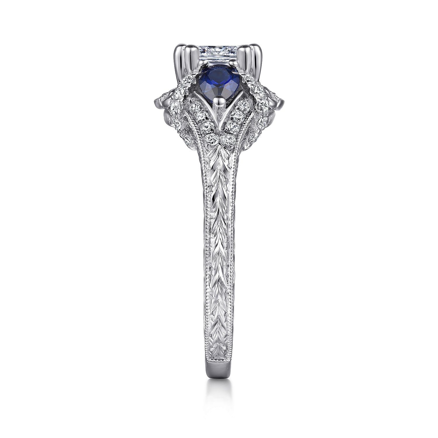 14K White Gold Cushion Cut Sapphire and Diamond Engagement Ring